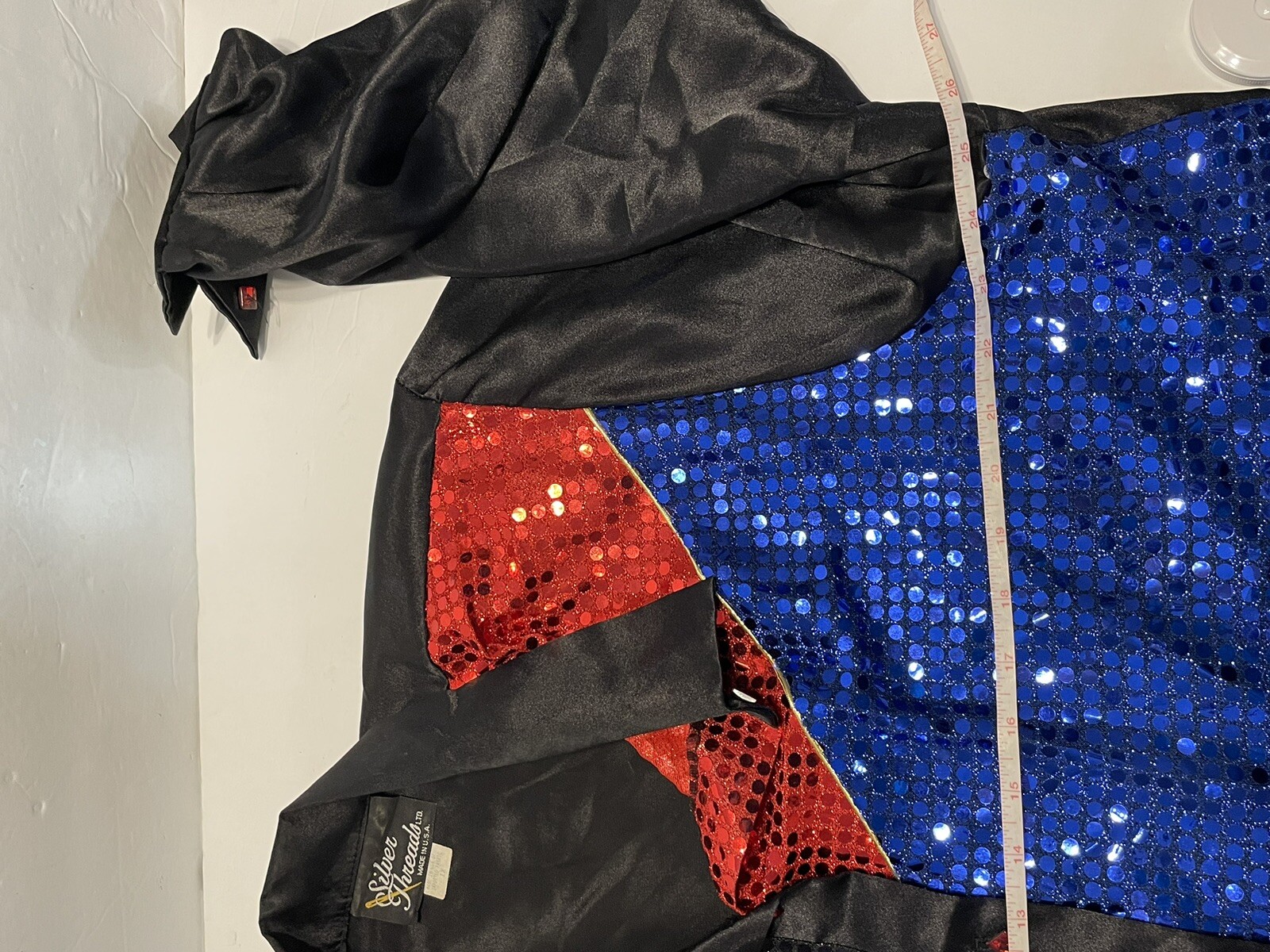 VTG Silver Threads Womens XLBlack Satin Sequins red blue western Top Shirt USA