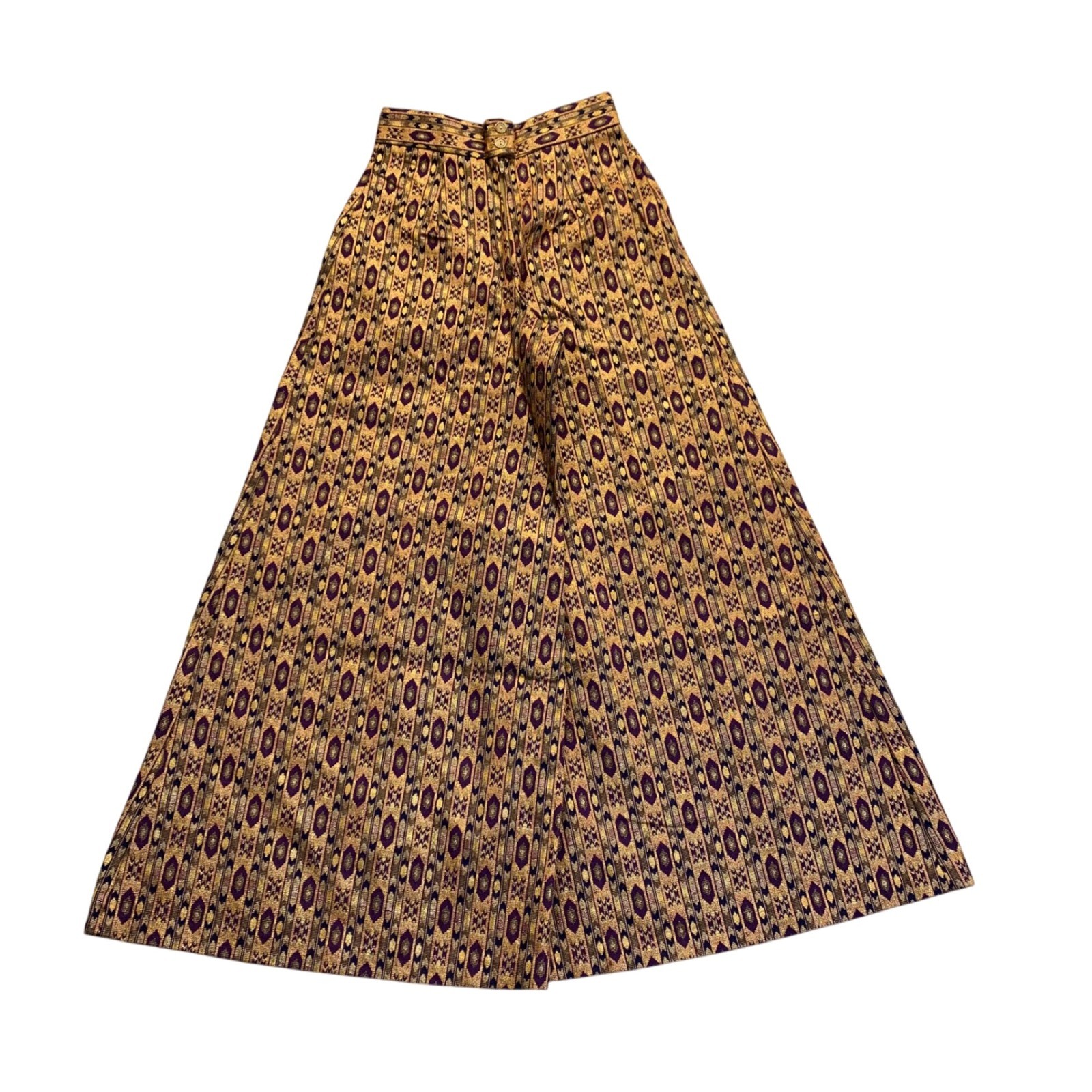 Vintage BSAC ILGWU Wide Leg Palazzo Pants Purple Gold Metallic Ikat Print Sz 10