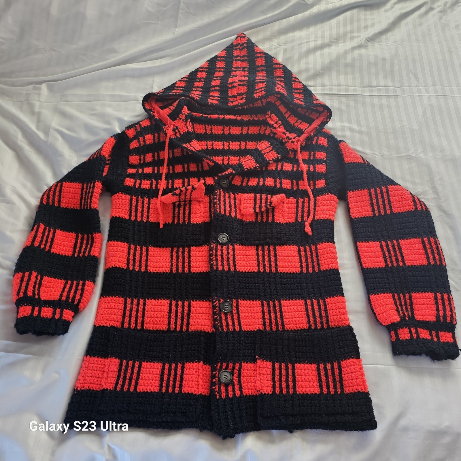 VTG 70s CROTCHET Black and Red HEAVY Jacket Coat w HOOD BUTTONS POCKETS Handmade