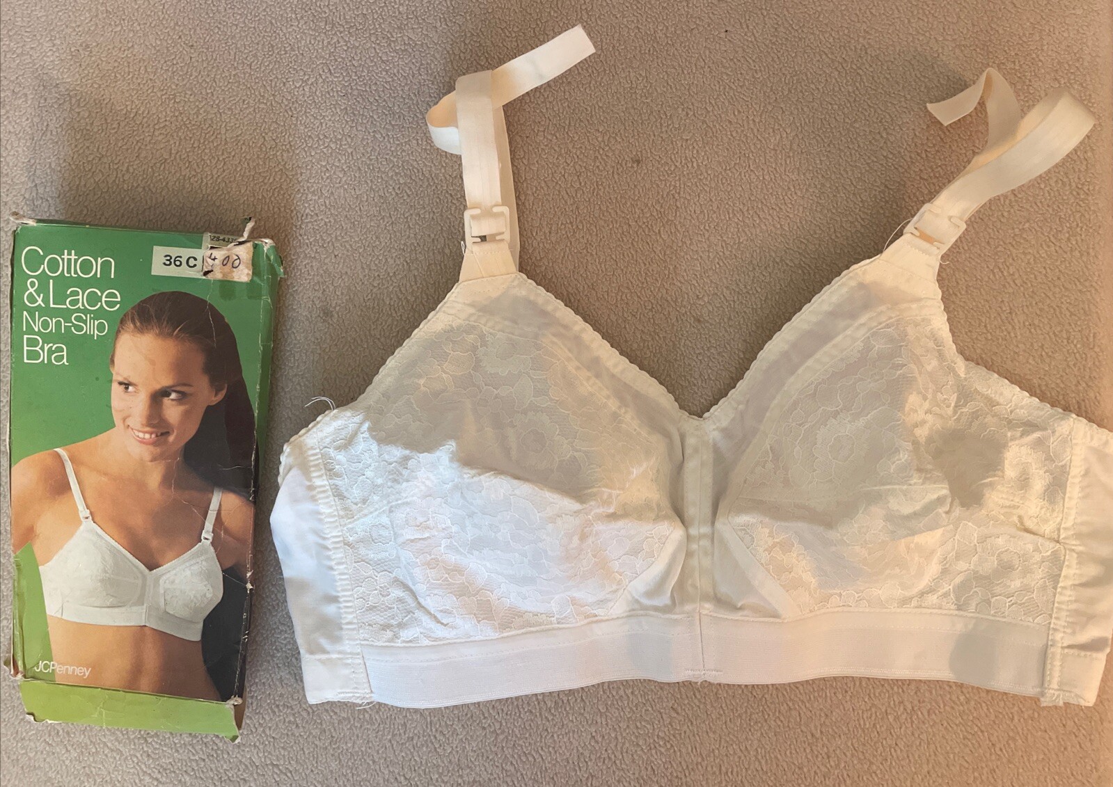 Vintage 1960’s JC Penney Bra Size 36C Cotton & Lace Non-Slip Bra Retro /Orig Box