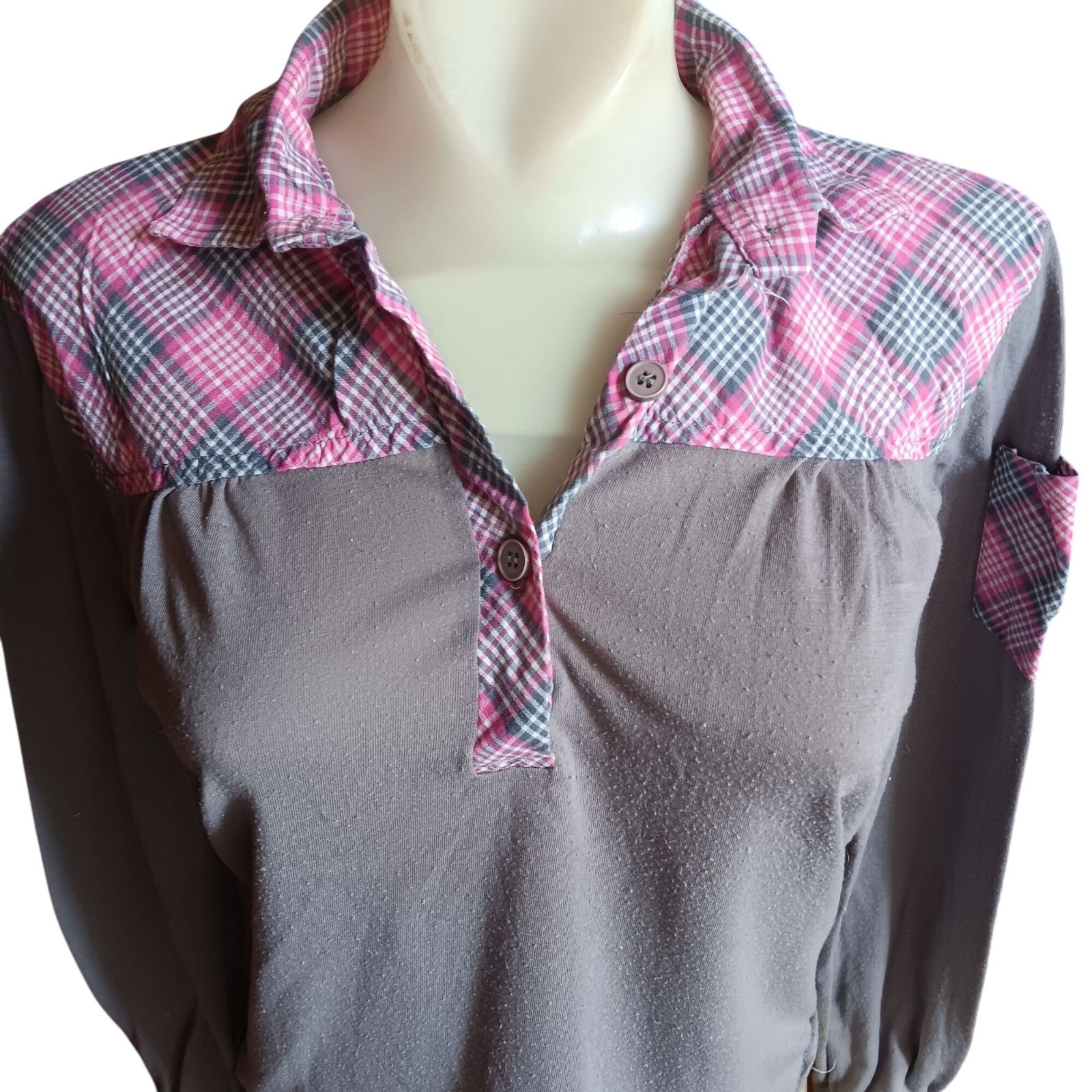 Plaid Patchwork True Vintage Boho Top Small Long-Sleeve Shirt Hippy 1970’s Thin