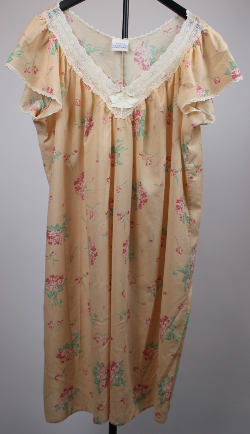 Quiet Moments Nightgown – 1X, Made in USA, Floral, Lace Trim, 40” Length