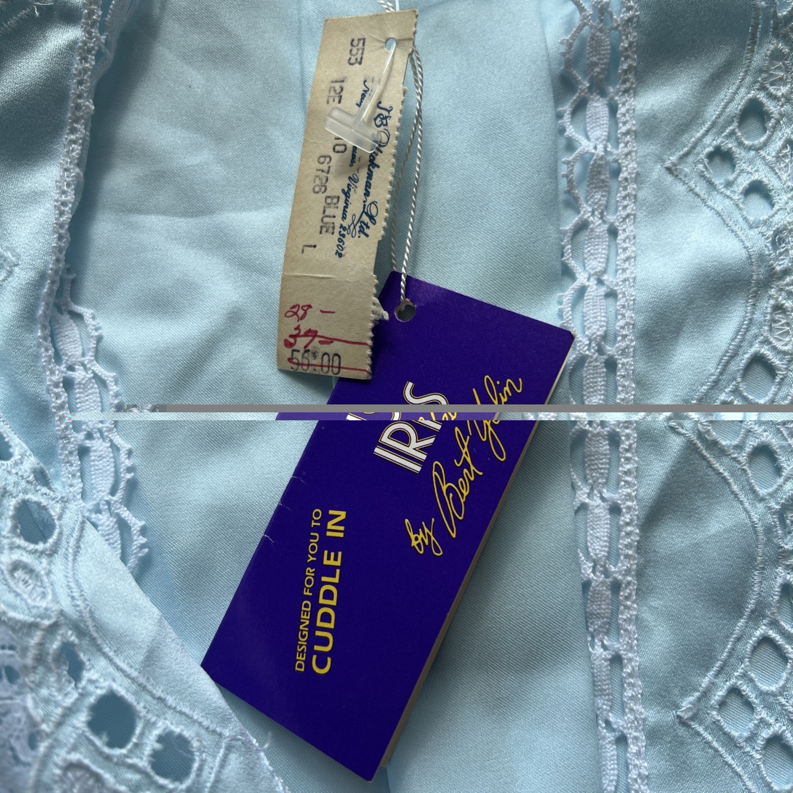 NWT Vintage Bert Yelin for IRIS Satin Blue Lace Trim Nightgown Large
