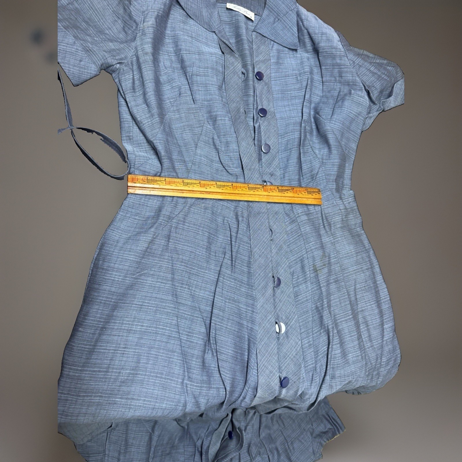Vtg 1940s Nelly Don Blue Day Dress Button Front Belted Shoulder Pads Sz M NOS