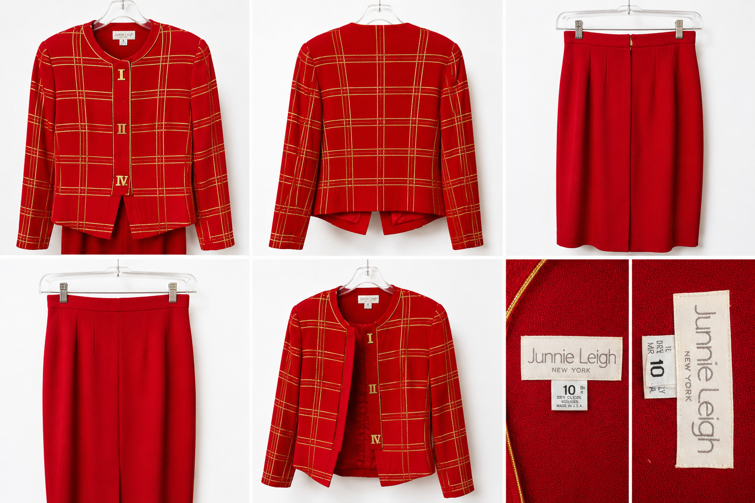 Vintage Junnie Leigh Red Gold Plaid Wool Skirt Suit Women’s 10 Made USA