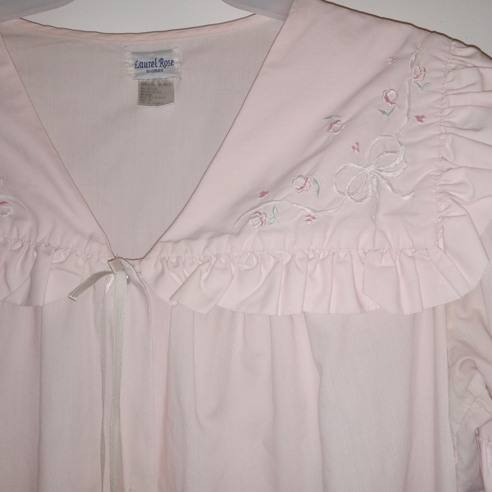 Vintage Cottage Core Country Pink Long Nightgown Embroidered Flowers Bows Sz XXL