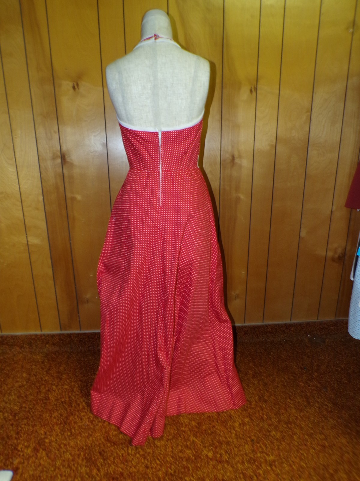 Vintage Red w/ White Polka Dots Halter Maxi Dress Handmade 25″ Waist