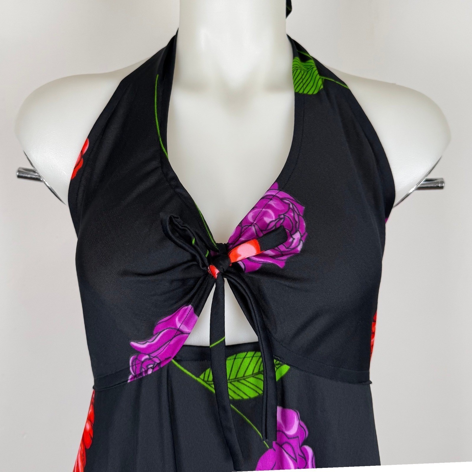 VTG Floral Halter Maxi Dress Black Red Purple Rose Keyhole Tie Back Summer