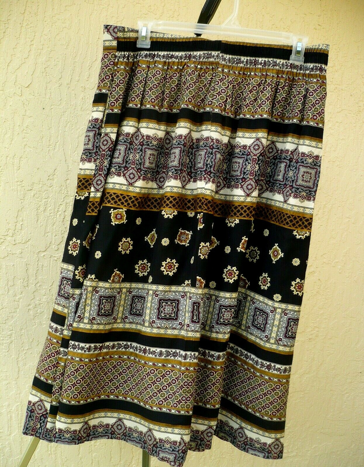 VTG 90S 2X MICHAEL TAYLOR PLUS PLEAT BLACK GOLD GEOMETRIC INDIA LOOK SKIRT WOMEN