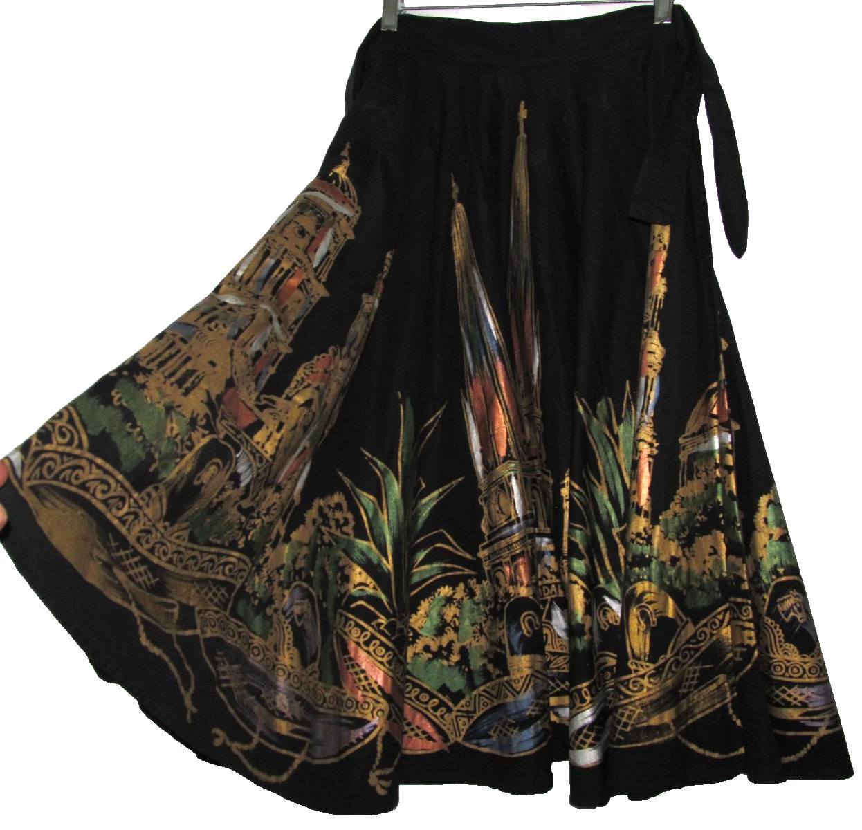 Hand Painted Circle Skirt Novelty Print Vintage Mexico Souvenir Modesty Midi