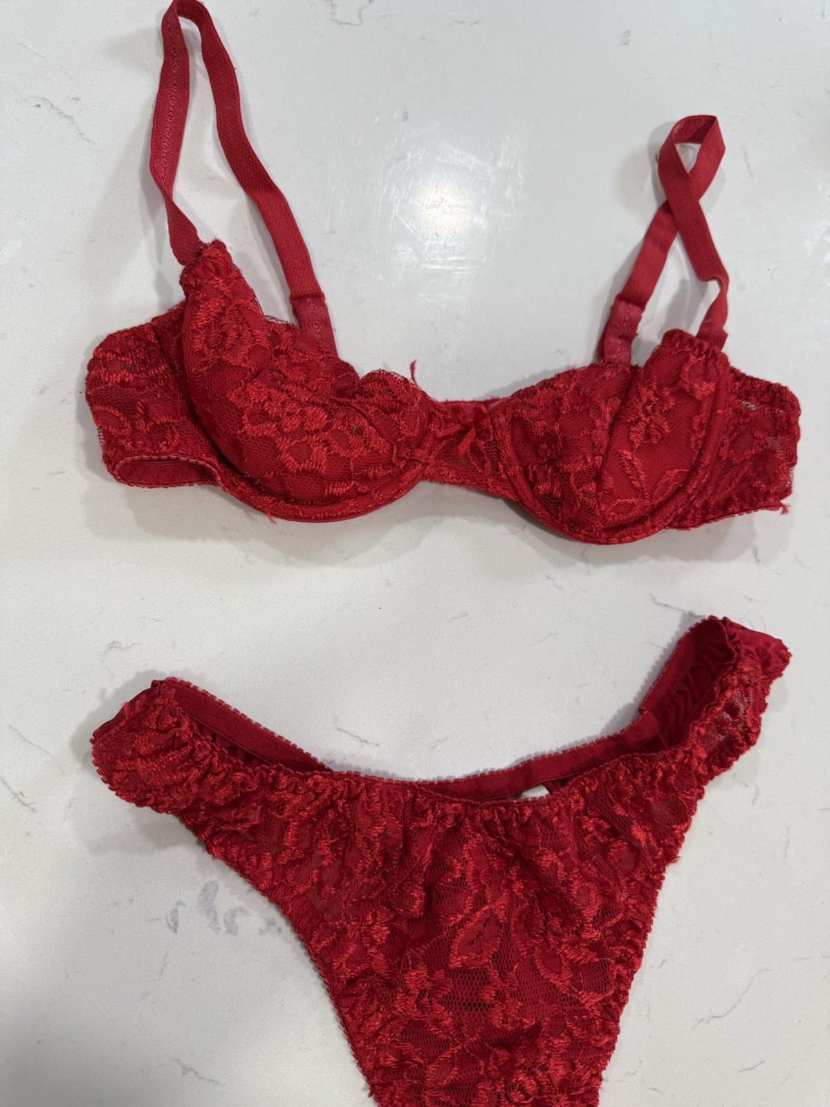 Vntg 1990s Red Lace High Cut Thong Bra Set 34B Large Pin Up Sexy Cotton Lined