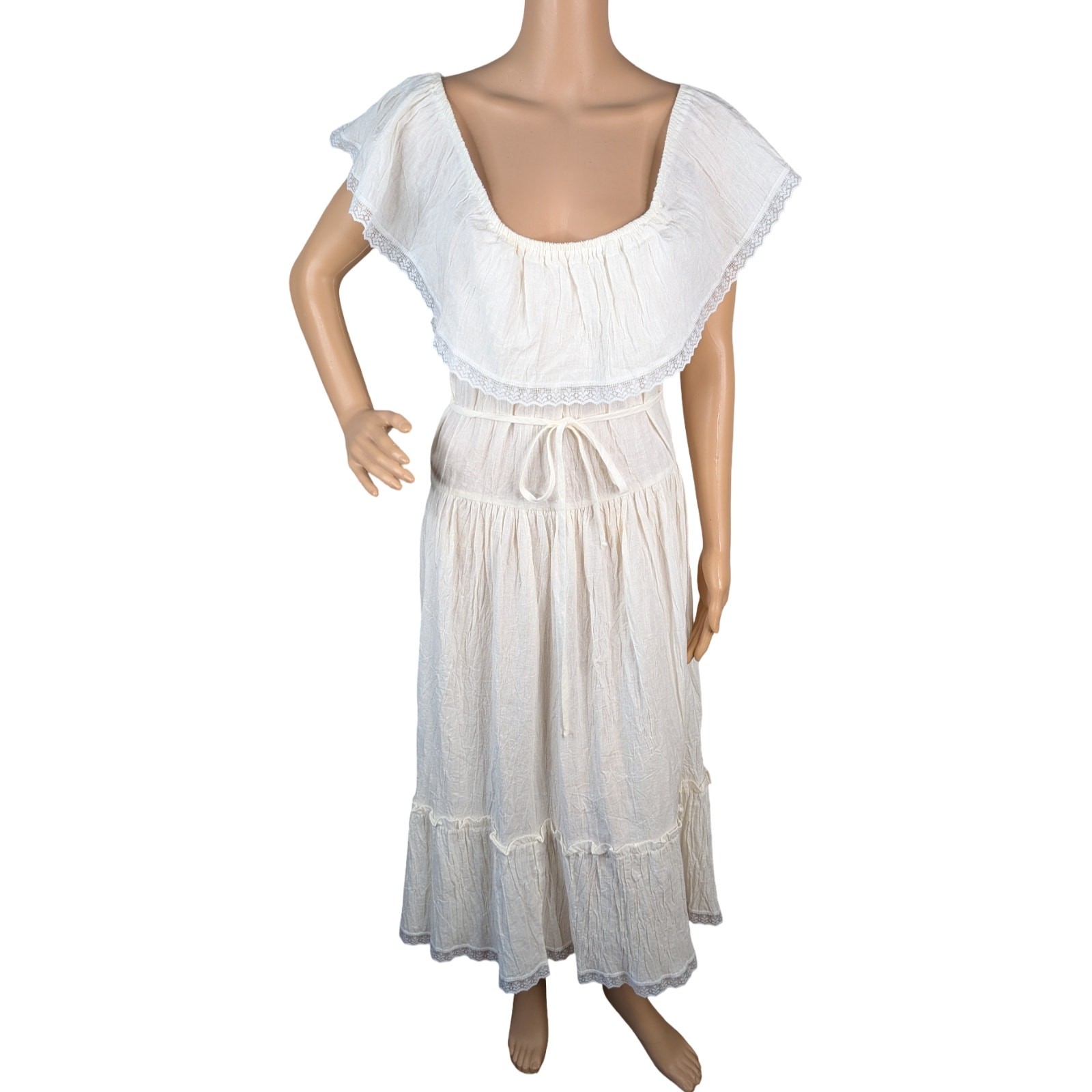 Vtg 70s Ellen Hart Cotton Peasant Dress M Ivory Crochet Lace Ruffle Prairie Midi