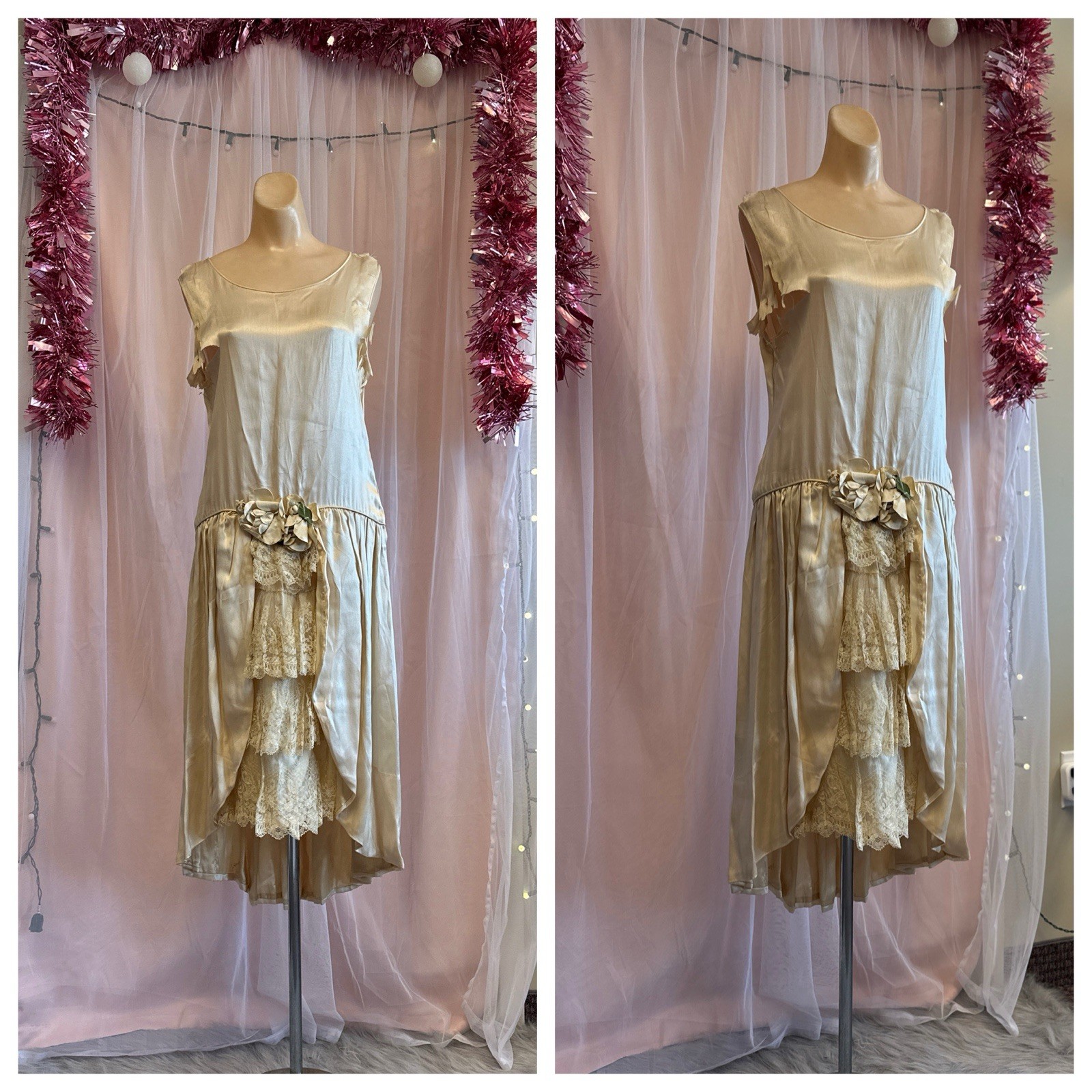 Vintage Antique 20s Flapper Wedding Dress Ivory Lace Drop Waist As Is S