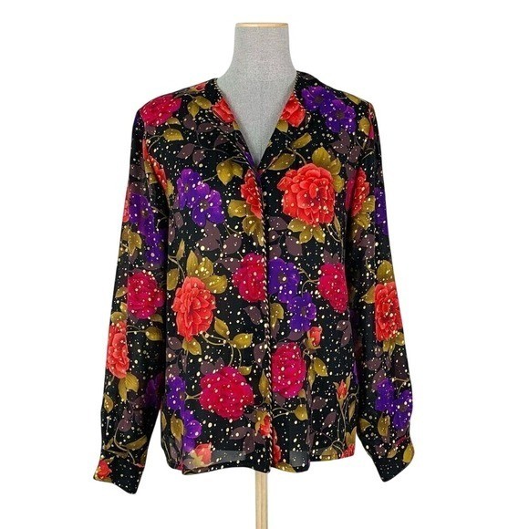 Vintage Shirt Women’s 8 Celestial Floral Metallic Gold Dot Corded Button Down