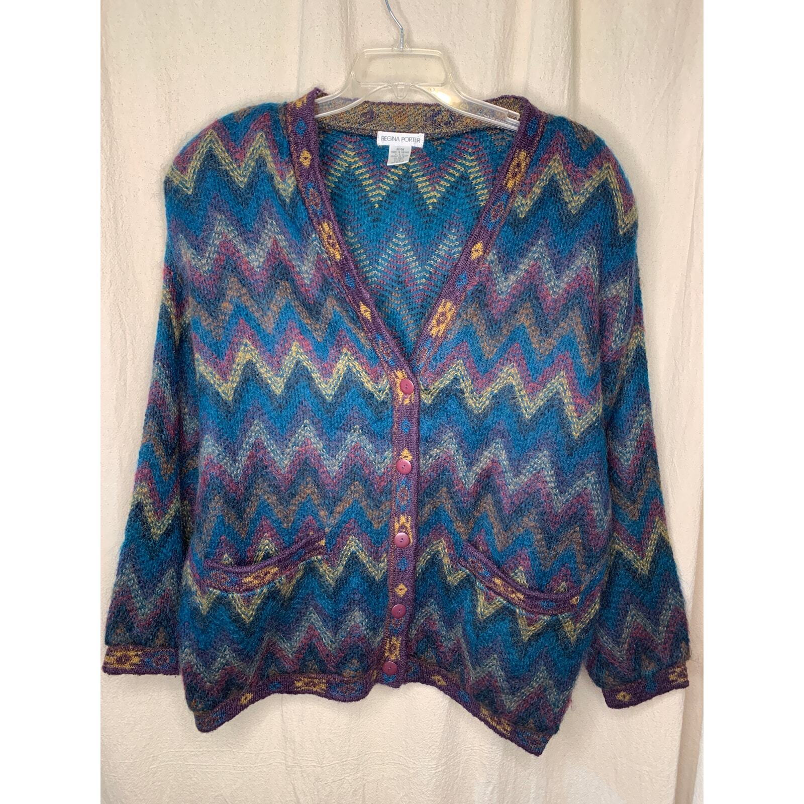 1980s Regina Porter Mohair Acrylic Boxy Chevron Fuzzy Rainbow Granny Cardigan M