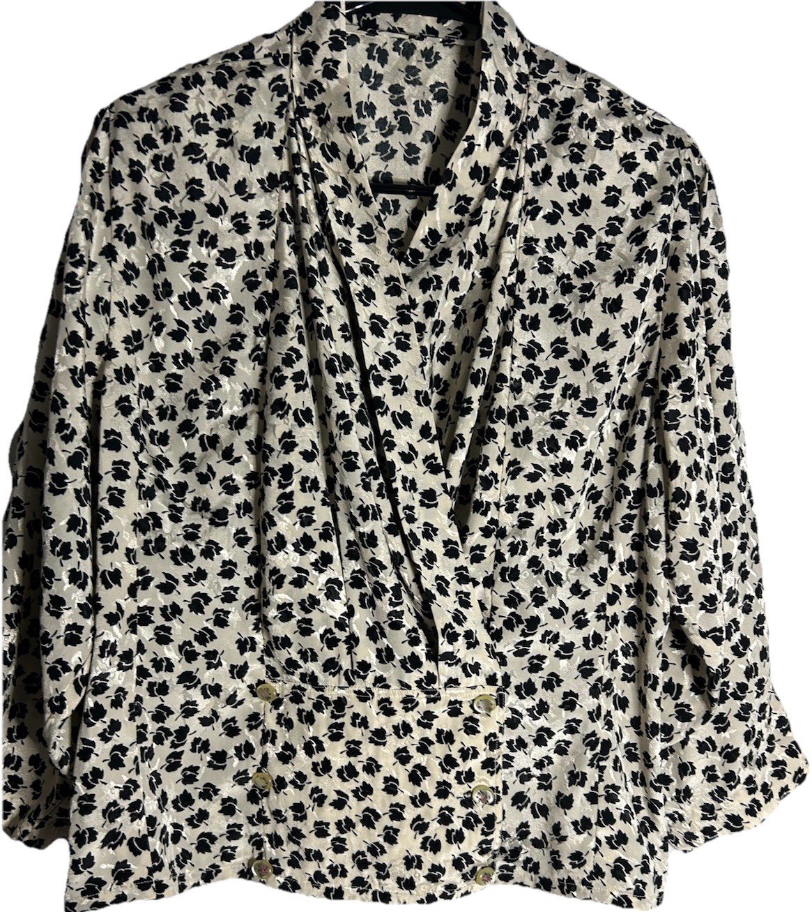 Vtg 80s Monochrome Floral Wrap Power Blouse Hand Painted Rose Buttons Office M