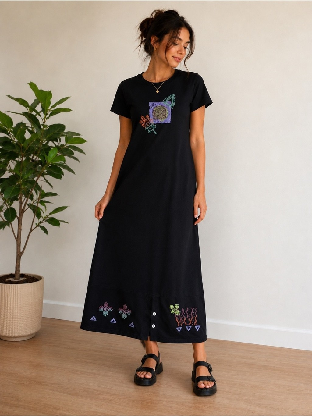 Vintage Blue Cactus Black Graphic Print Maxi Dress 100% Cotton Size Large
