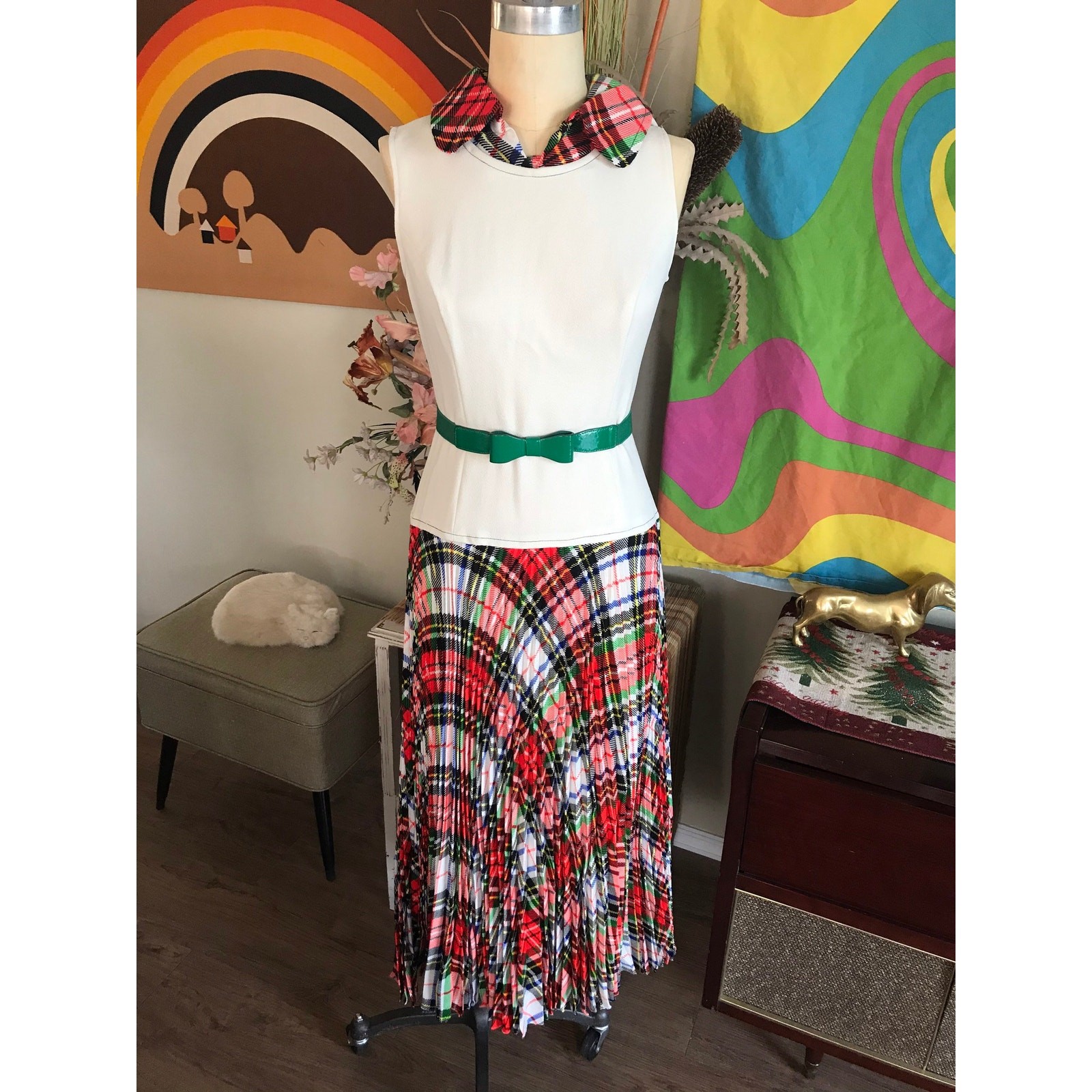 Vintage 1970s Plaid Drop Waist Maxi Dress Red Tartan Beige Polyester Boho