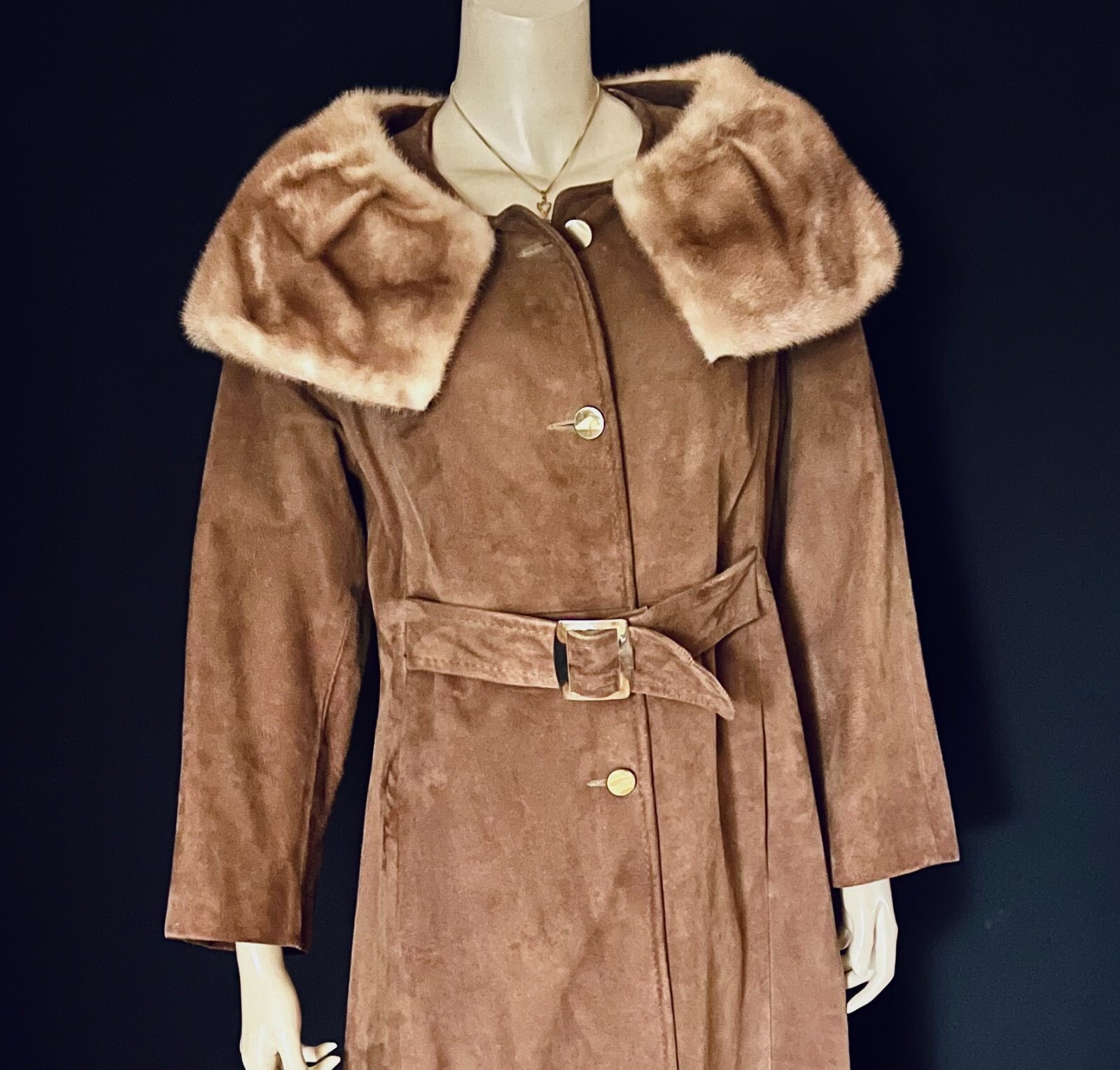 1960s, 1970s Mink Collared Light Cocoa Brown Suede Coat, Fitted, Belted, Sm- Med
