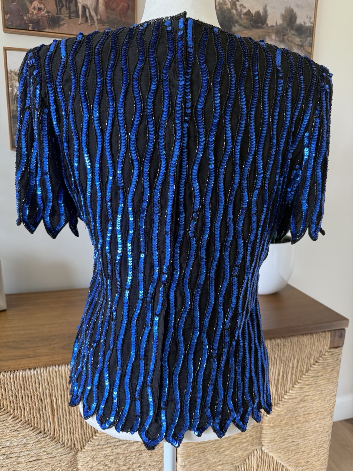 1980’s Stenay Electric Blue And Black Silk & Sequined Top M