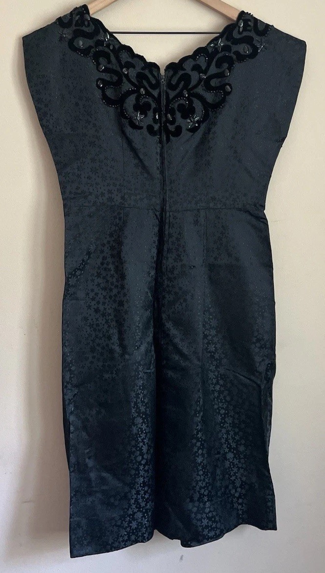 Dress Brocade Vintage 60s Cocktail Black Velvet Beaded Womens Size 10 12