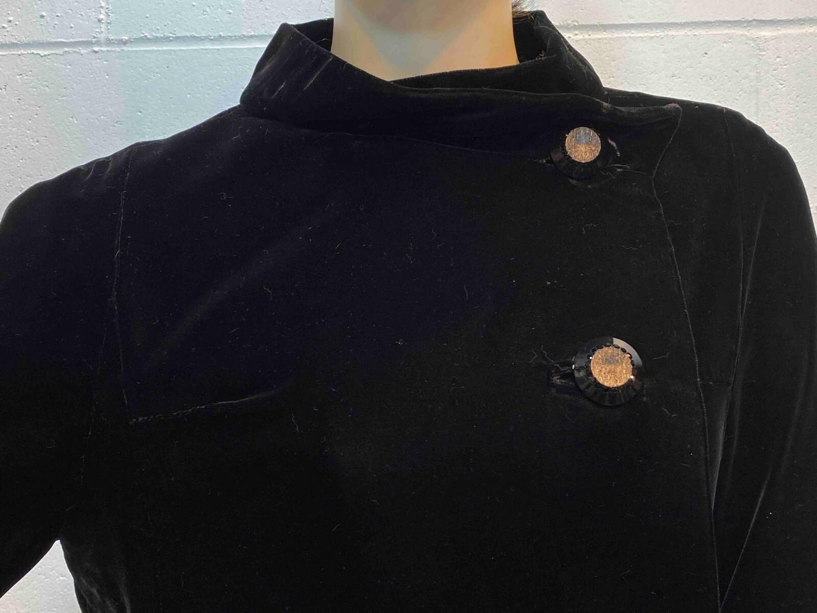 S~M Vtg 60s VELVET Dress COAT Black Elegant Asymmetrical USA Rhinestones GLAM