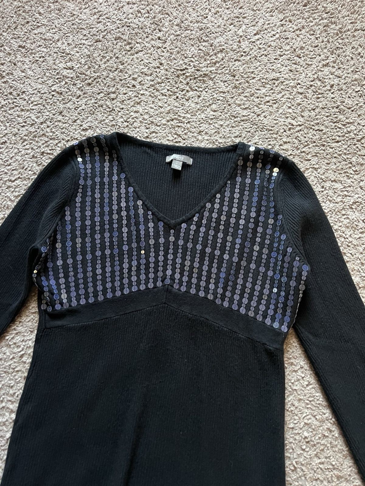 Vintage Y2K 90s Top Large Black Sequin Knit Ribbed Sweater Whimsigoth Fairy Goth