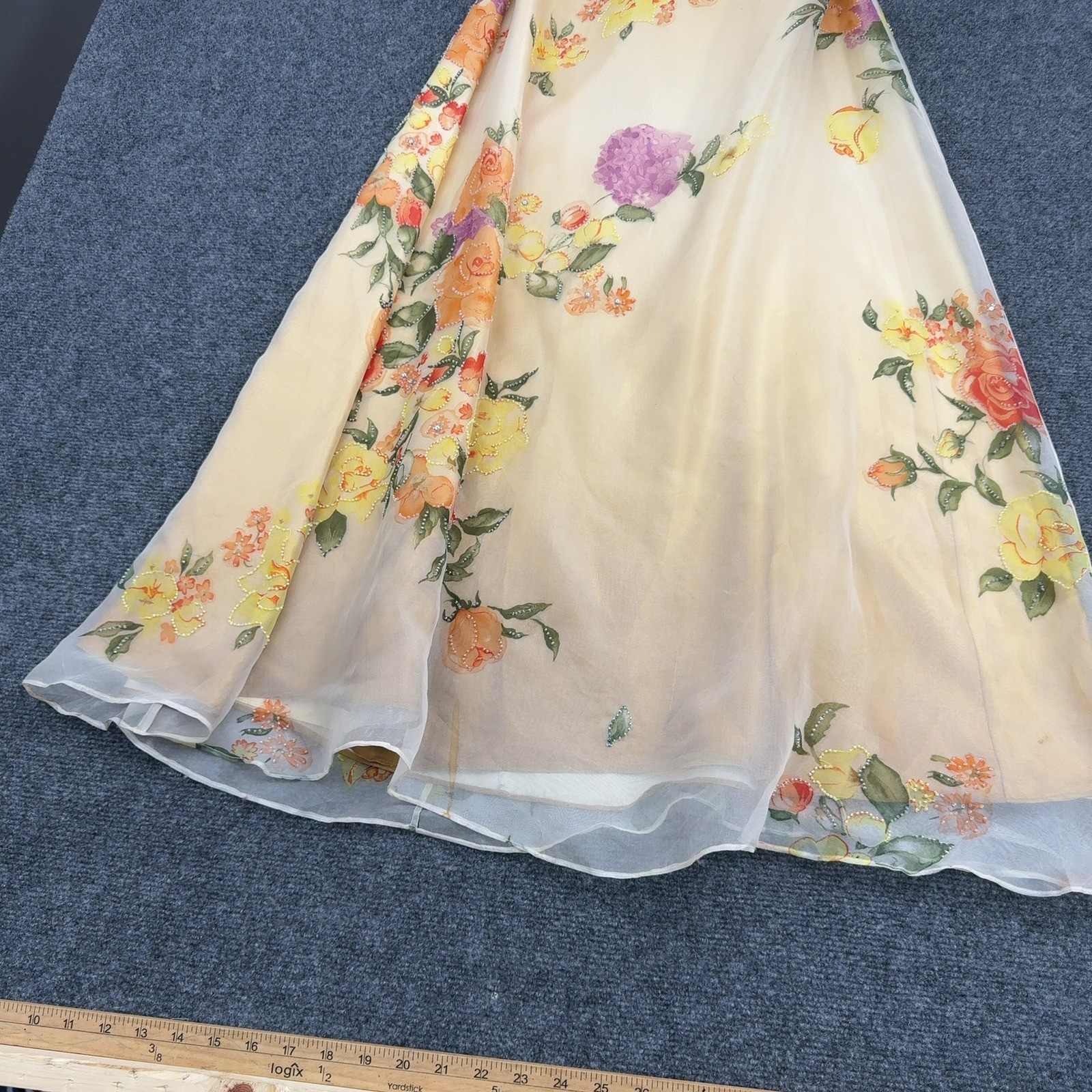 Vintage Jovani Dress Womens 8 Yellow Silk Floral Beaded Strapless Gown Formal