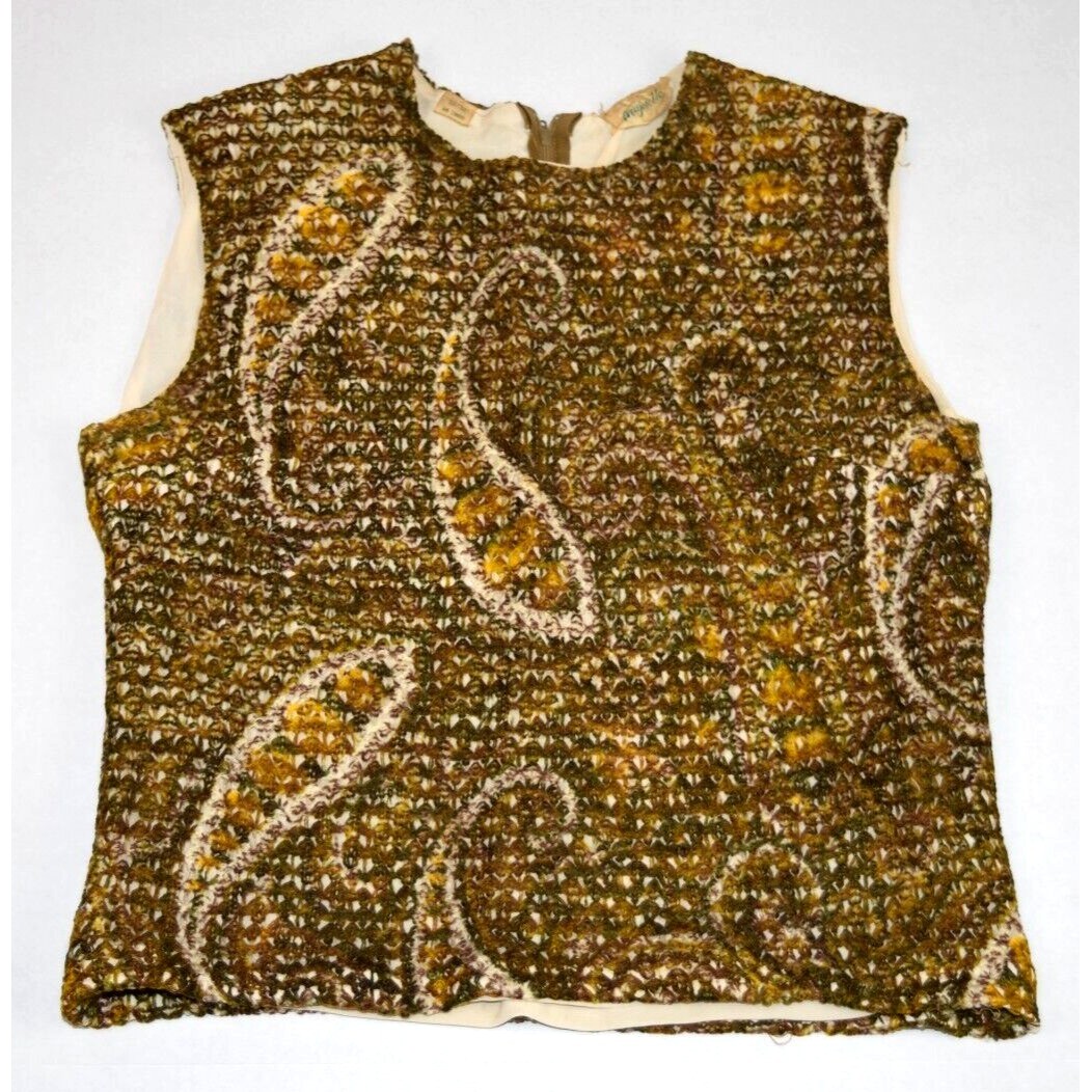 VTG Sleeveless Top Size S Majorette 60s Green Gold Mohair Big Paisley Crochet