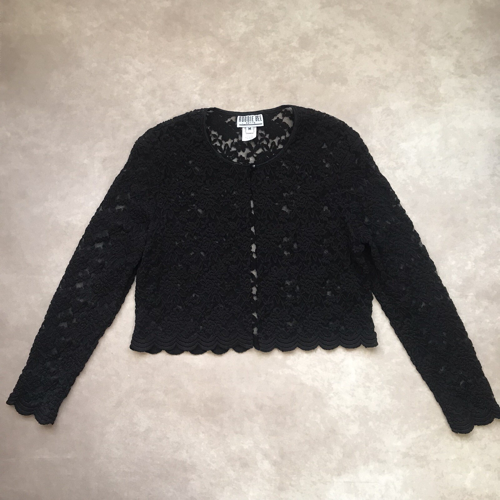 Vintage Robbie Bee Black Lace Cardigan Scalloped Hem Beautiful Single Button