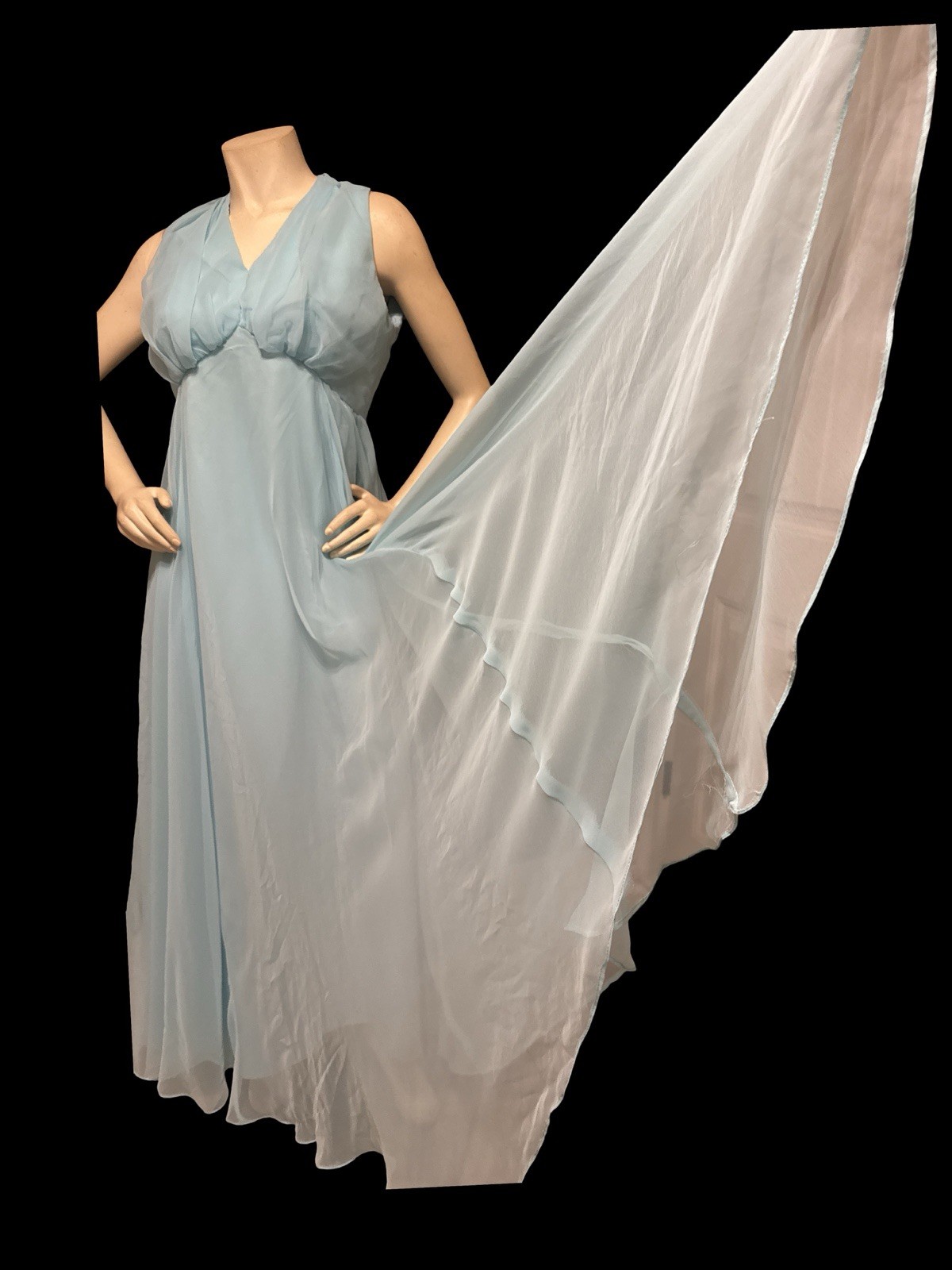 1970s Blue Chiffon Hostess Maxi Dress Empire Waist Cape Overlay MIL Dress 14 VTG