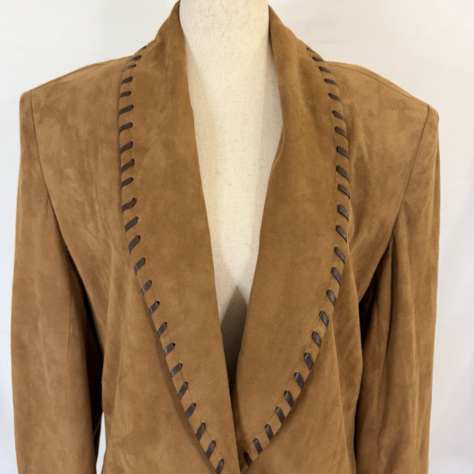 Vintage 90s Vakko Brown Leather Blazer style Jacket Small Whip Stitch Detail