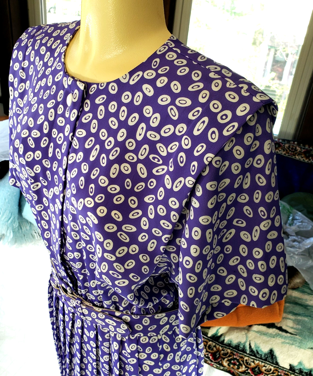 Vintage Leslie Fay Dress 80s 90s Pleated Geo Paisley Purple Belted SIZE 6P