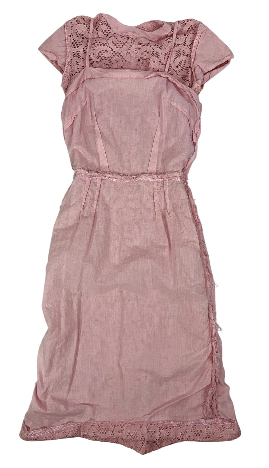 VTG 1950s PAUL SACHS RHINESTONE PINK LACE COCKTAIL WIGGLE DRESS ROCKABILLY GLAM