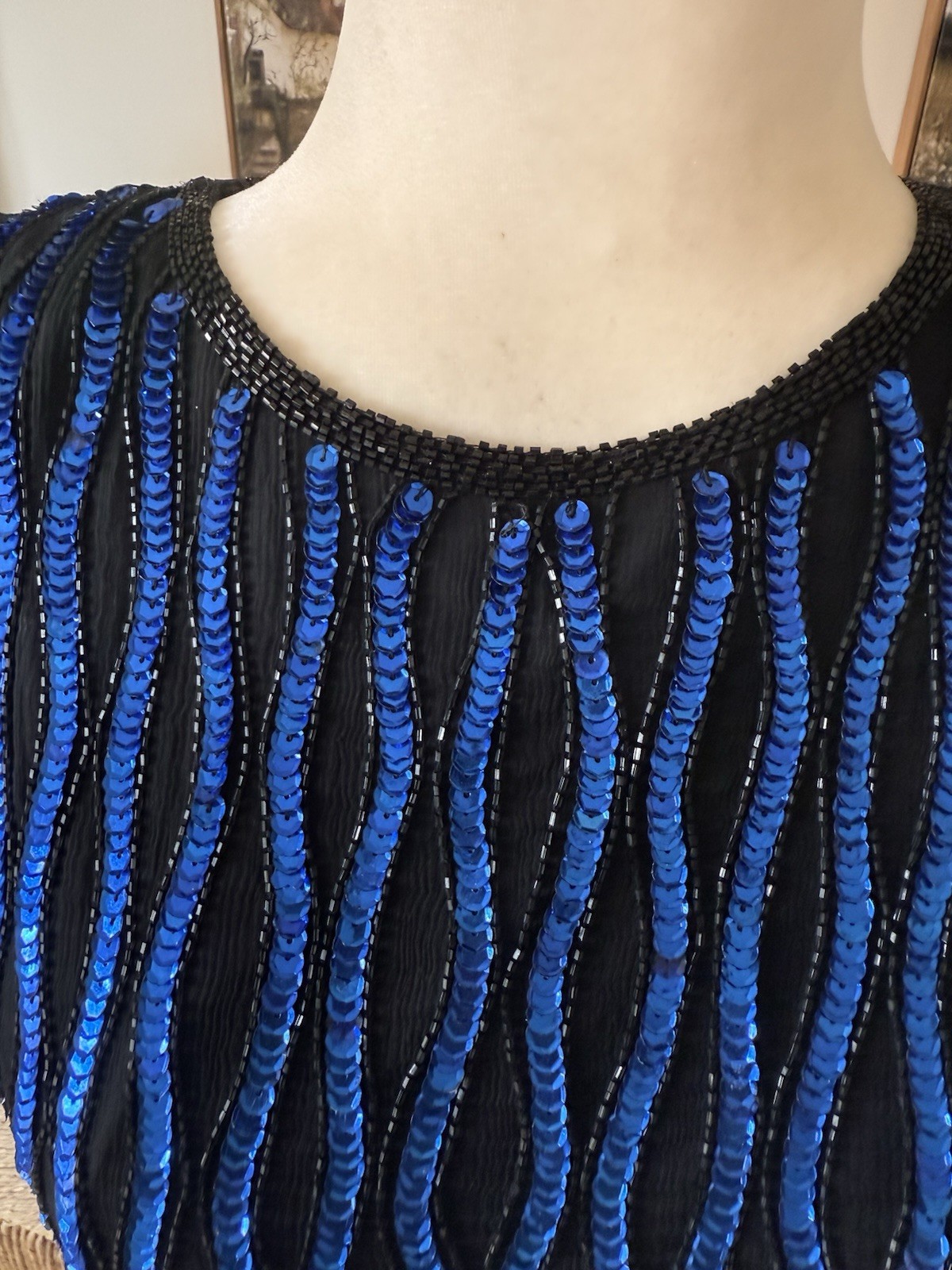 1980’s Stenay Electric Blue And Black Silk & Sequined Top M
