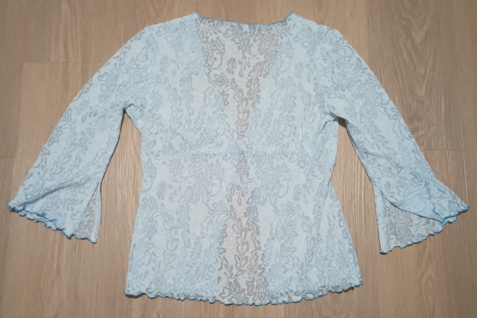 Vtg 70s Sheer Powder Blue Burnout Silver Metallic Open Jacket Cardigan Top M