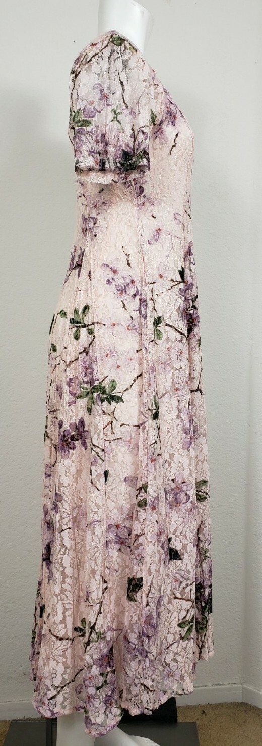 VTG Starina Womens Dress Size Small Sheer Lace Floral Short Sleeve Maxi Rayon