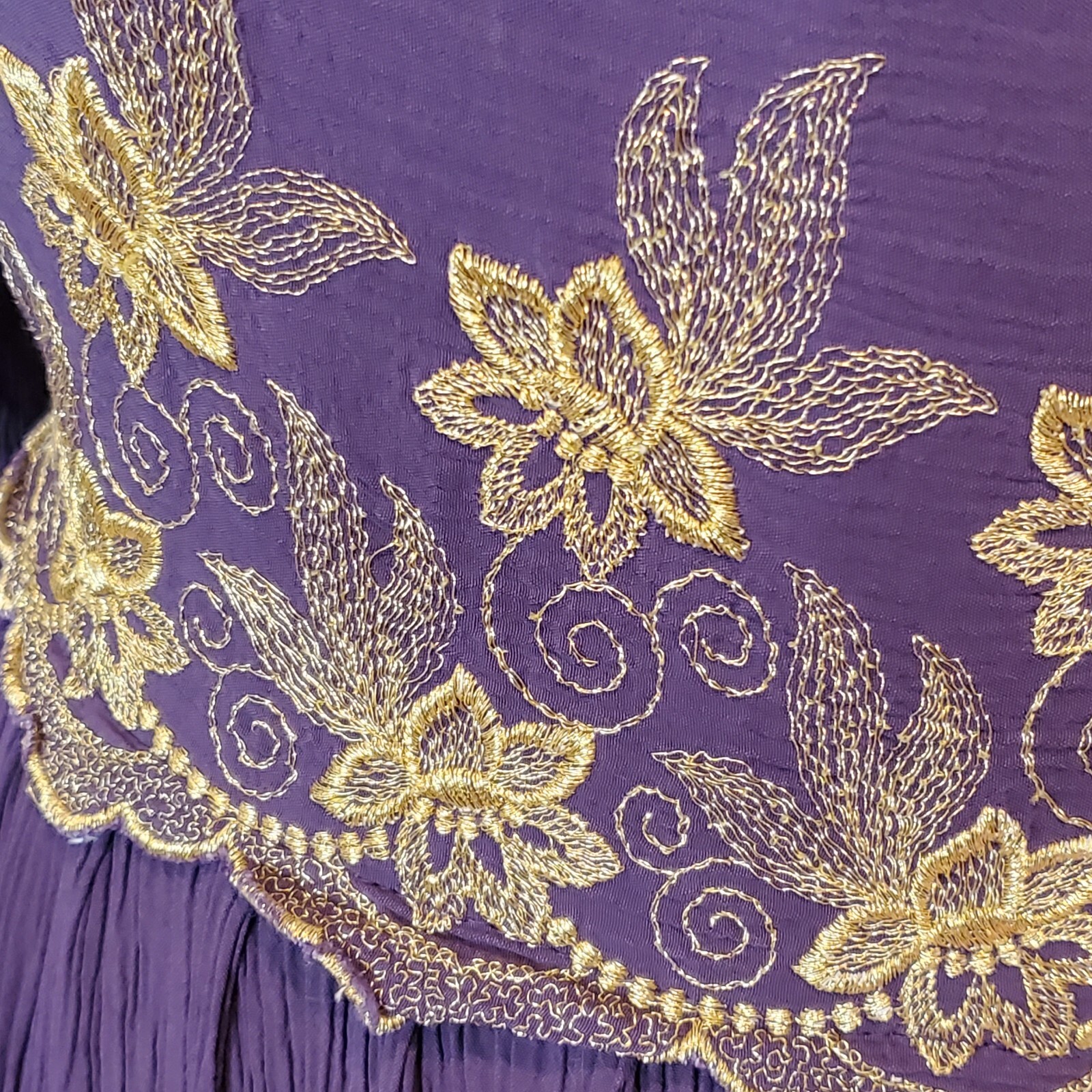 Vintage 90s Purple Empire Waist Midi Dress Gold Embroidery Crinkle Skirt XL 16