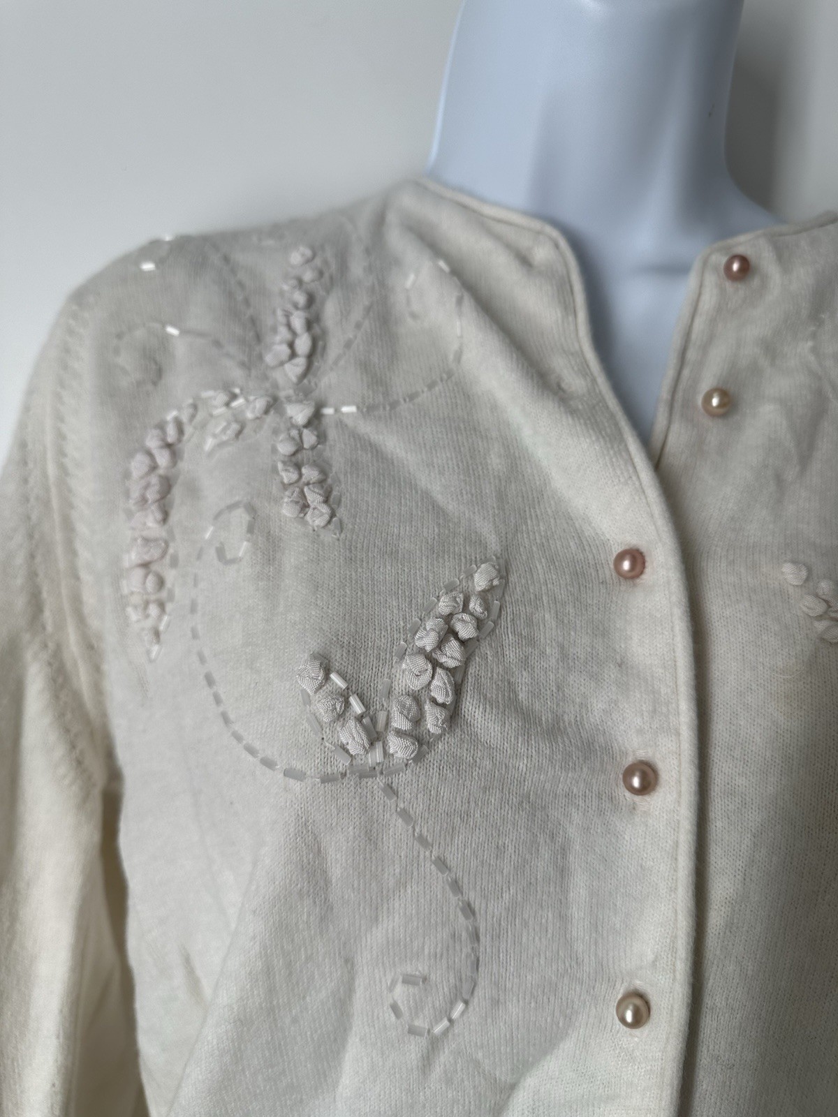 1950s Ivory Cardigan Pear Beaded Wedding Bridal Honeymoon Wool Sweater 50s VTG