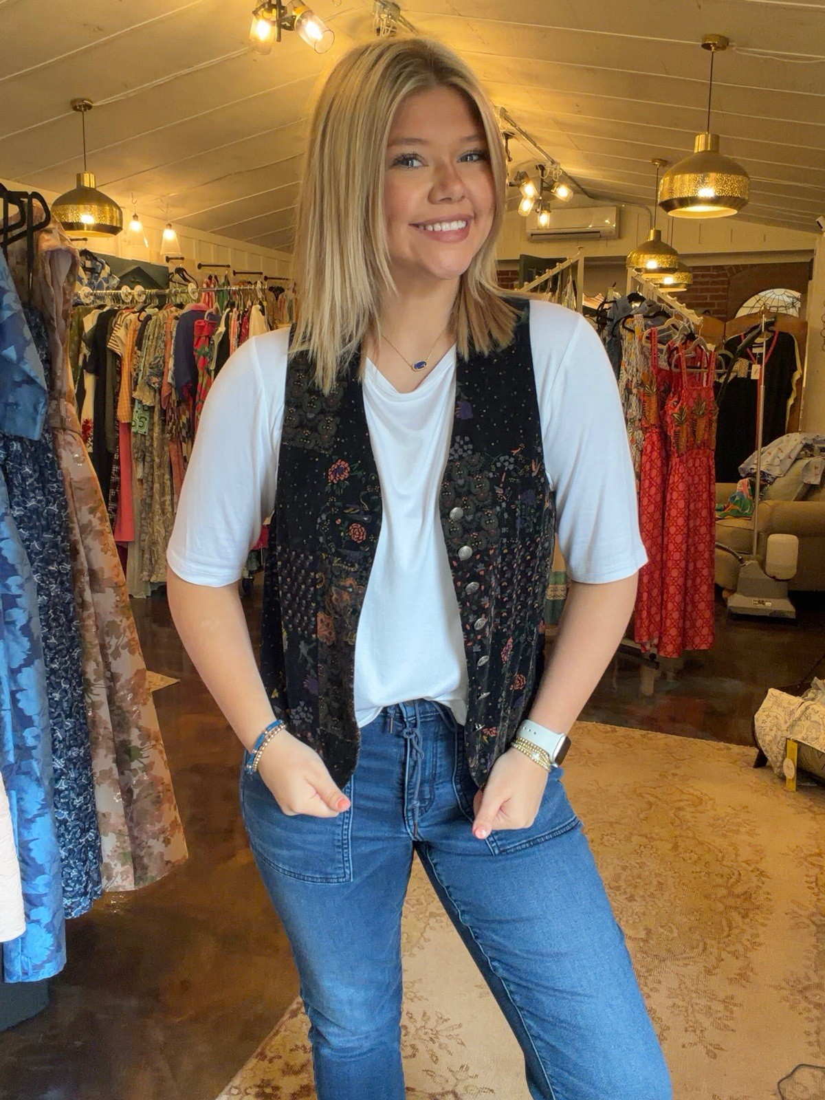 Vintage 90s Banana Republic Vest Navy Burnt Orange Velvet Boho Casual XS