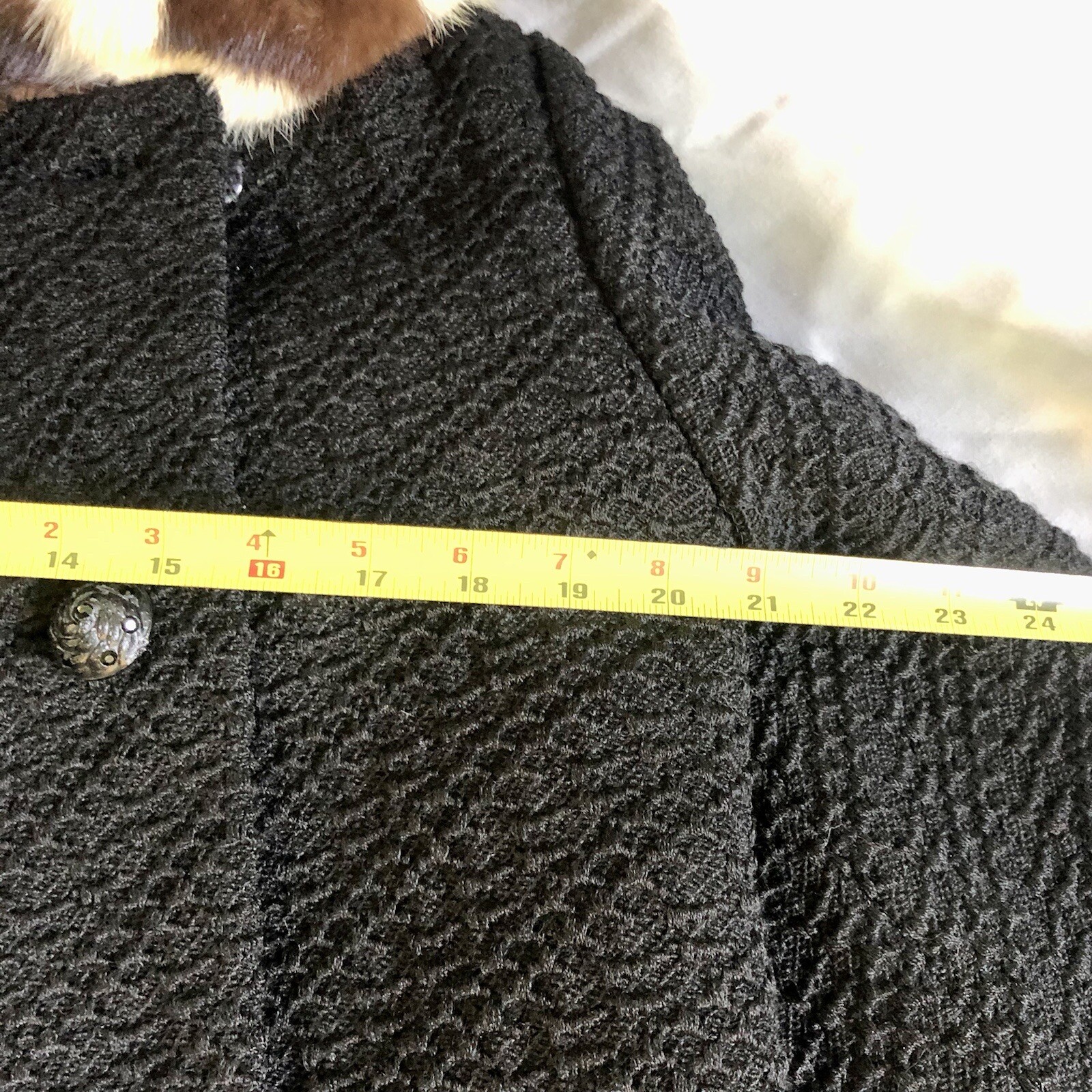 Vtg MCM Black Coat Stripe 2 Tone Fur Collar Swing Textured OOAK Glam Mid Century