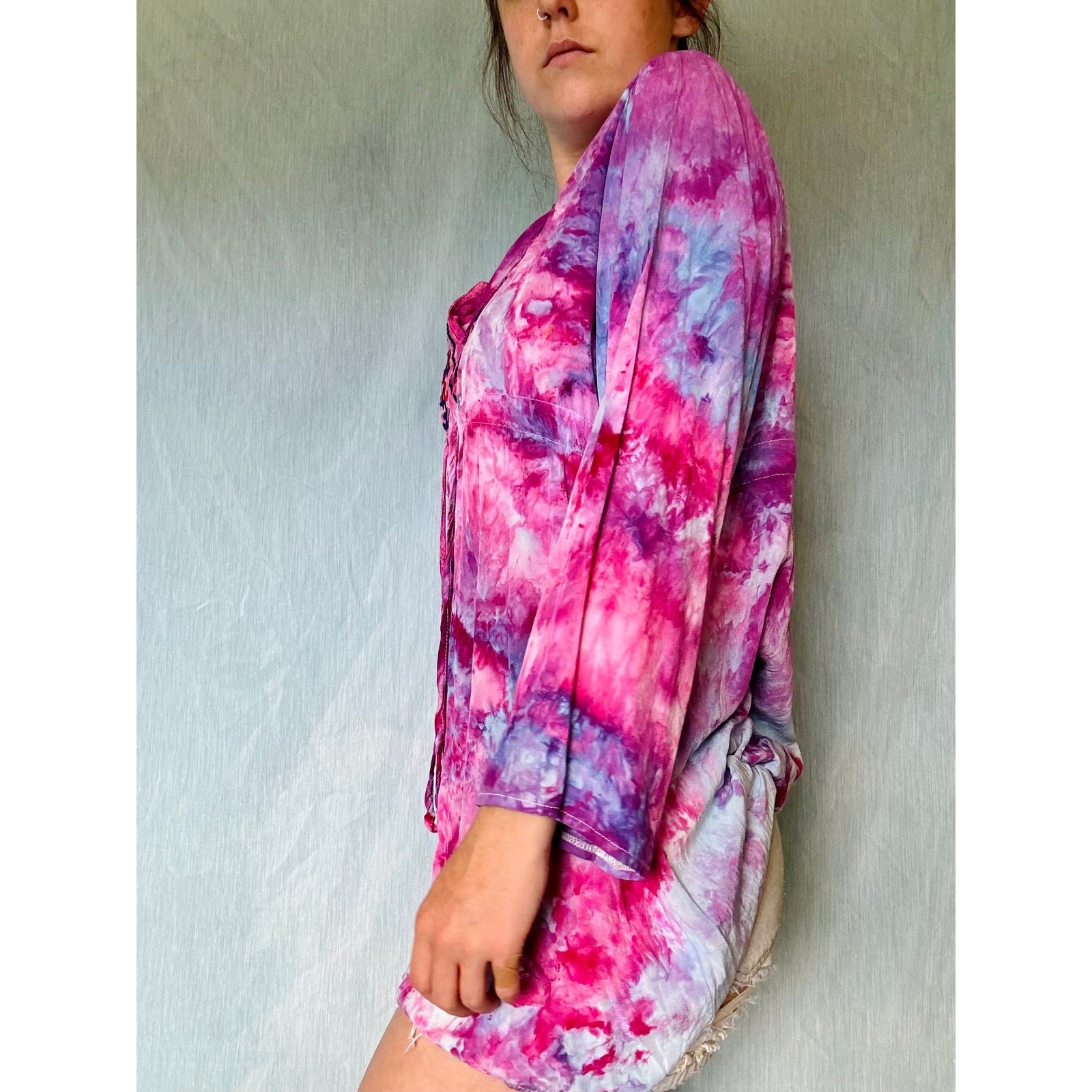 Ice Dyed Pink and Purple Vintage Blouse with Embroidery Boho Tunic Cover Up