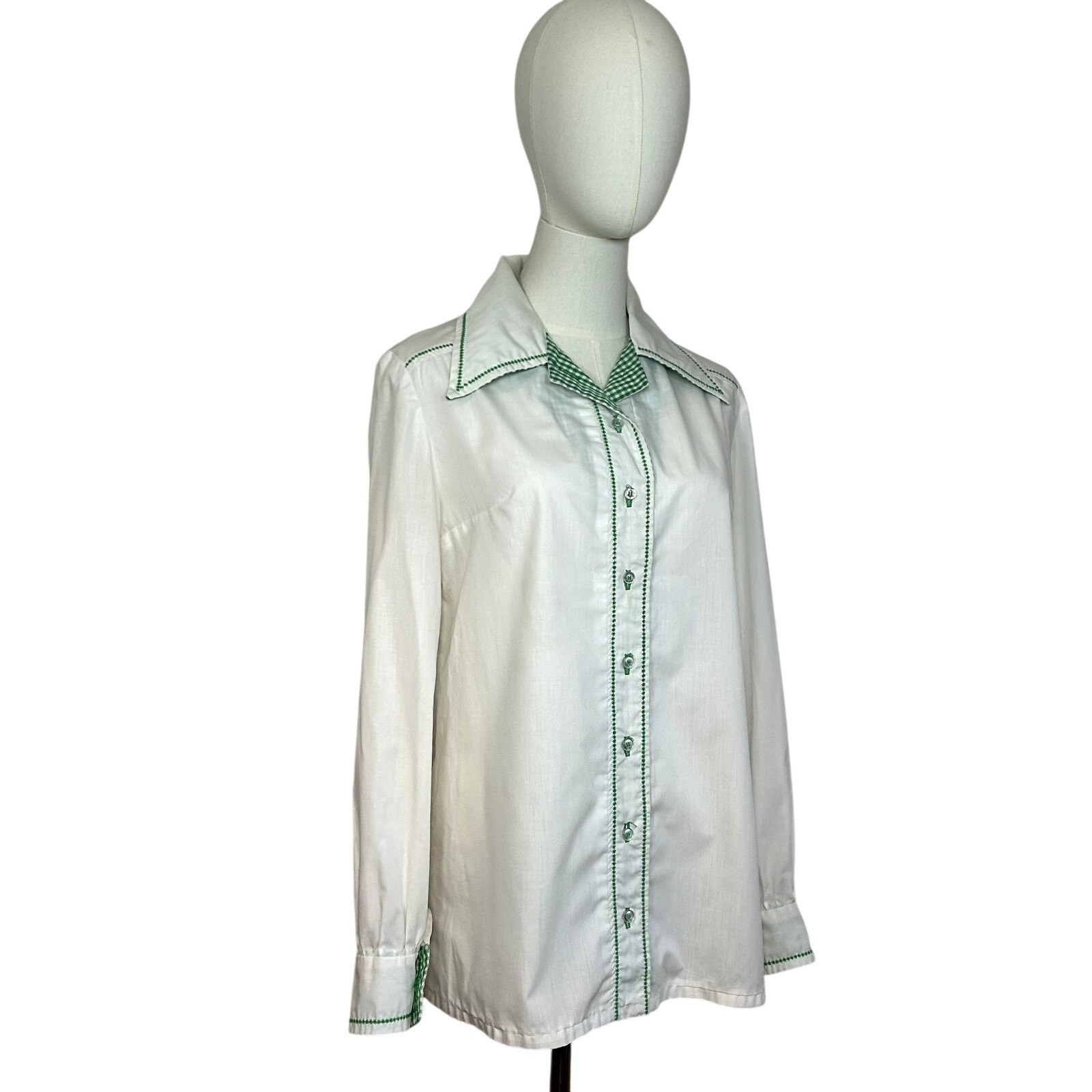 VTG 70s White Shamrock M Embroidery Gingham St. Patrick’s Day Top Twee Retro