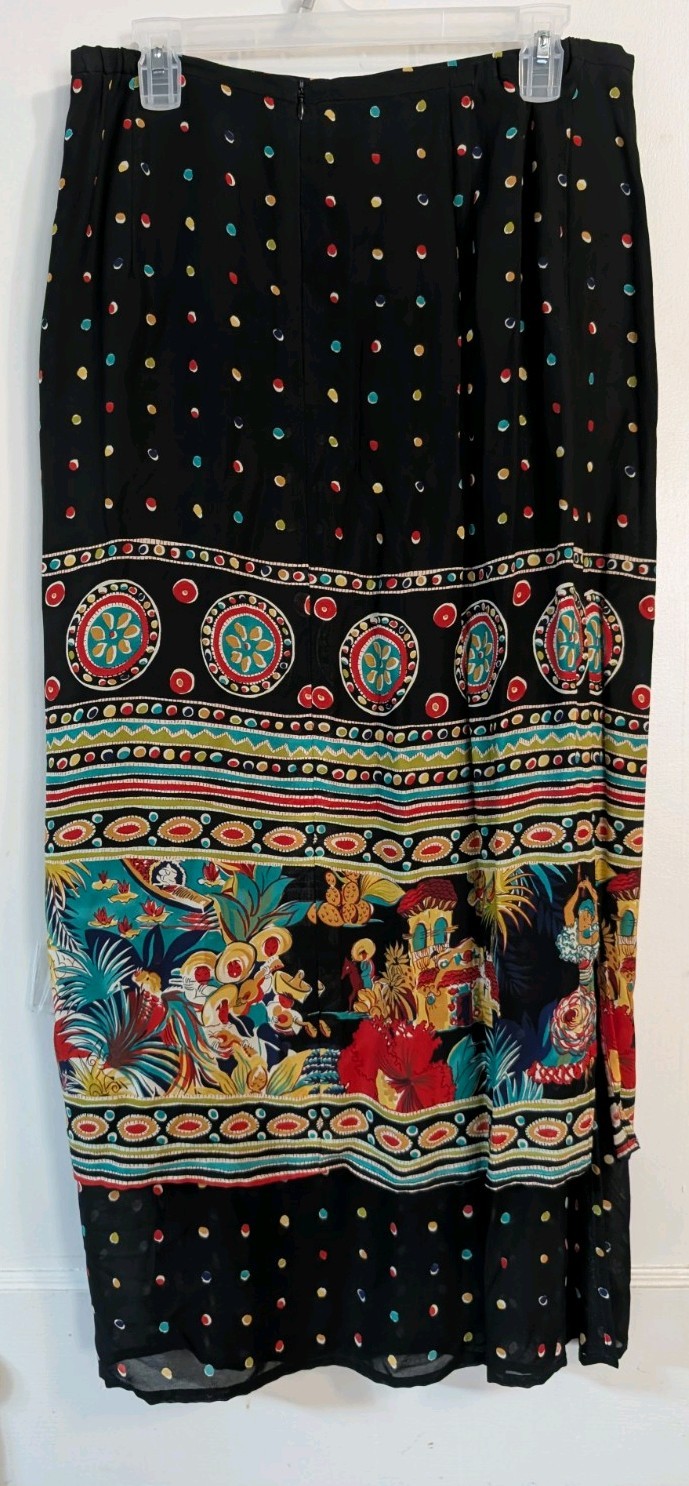 Vintage Sharon Young Maxi Skirt MSize 14 Black w/ colorful Mex accents Dancing