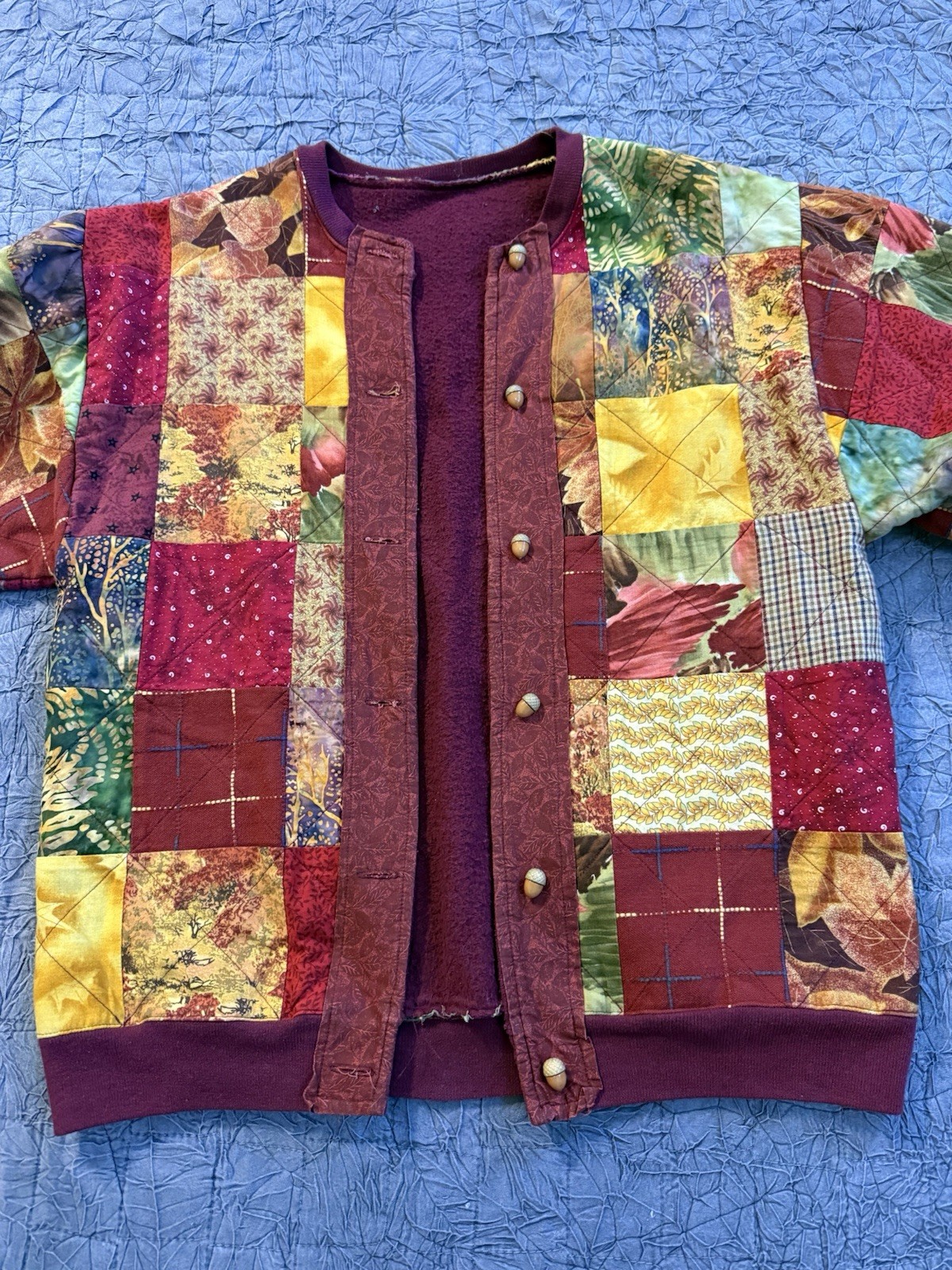 Vintage Handmade Quilted Patchwork Jacket Fleece Lined Boho Grandma-Core EUC