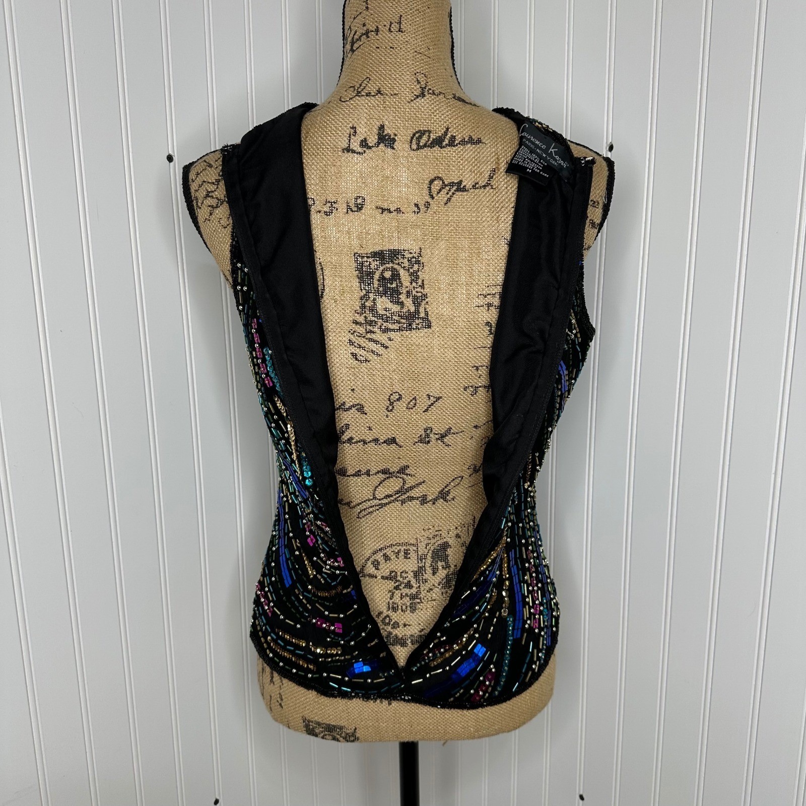 Laurence Kazar Black Silk Beaded Sequin Swirl Sleeveless Top Vintage Glam Sz M