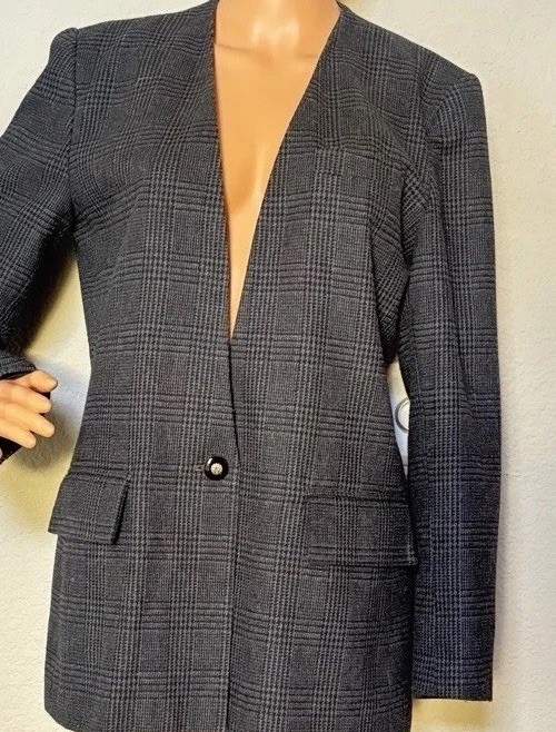 Sasson Paris NY Blazer Jacket Gray Plaid One Button Lined Womens Size 10
