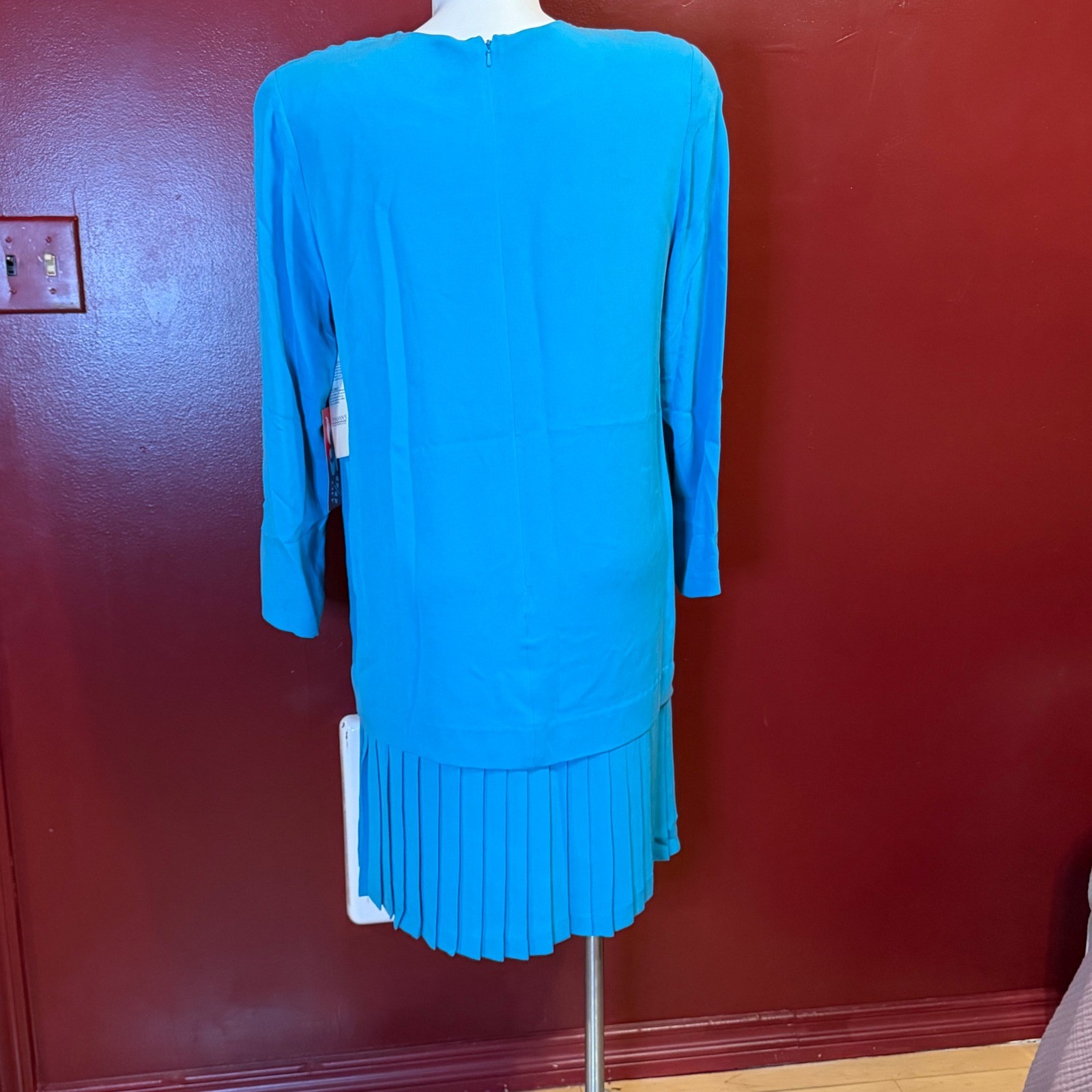 Vintage Papell Too Silk Drop Waist Pleated Dress Turquoise Blue Size 16 NWT
