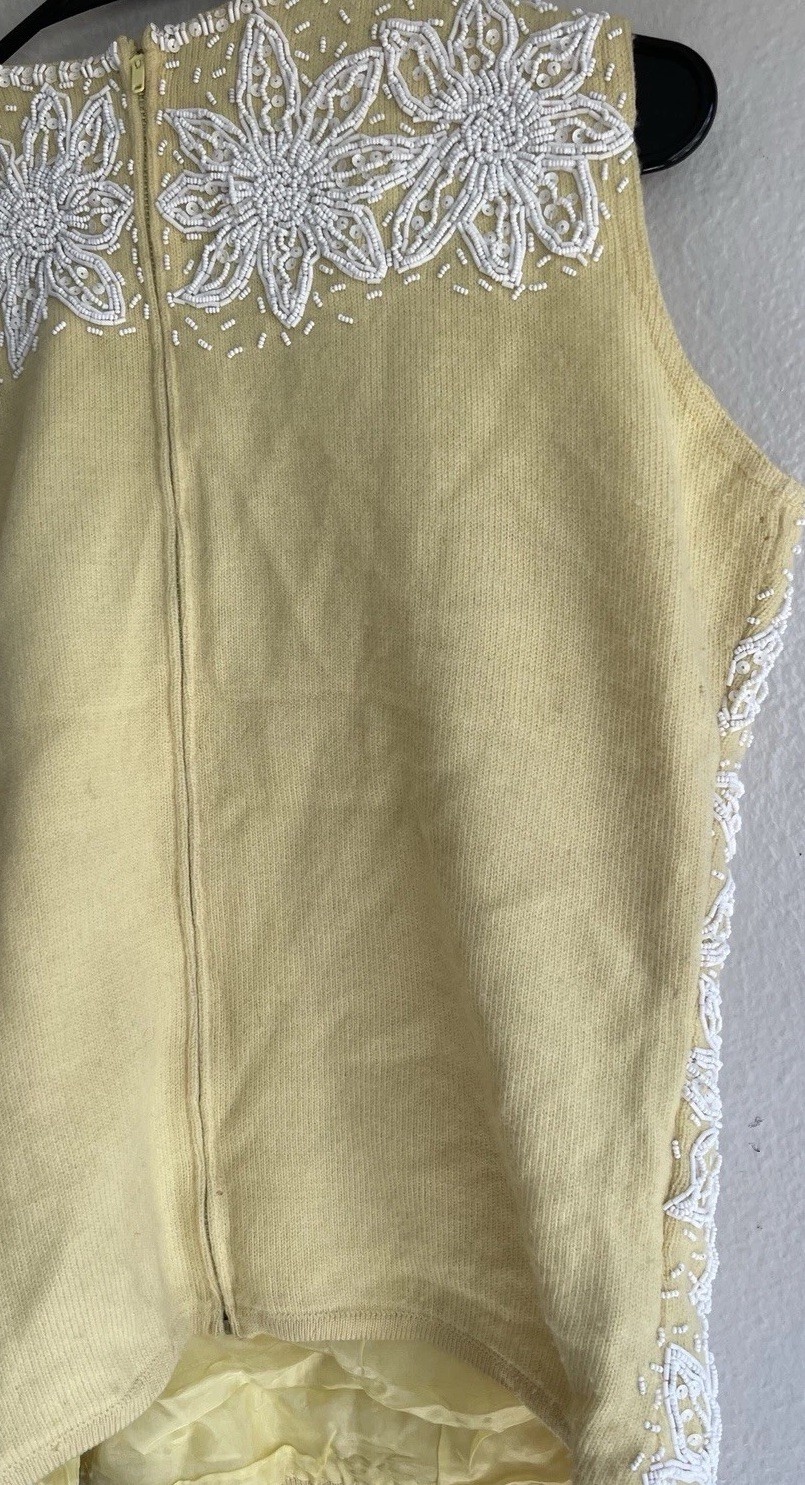 Cavanagh’s 1960s yellow pure wool shell top White Beaded