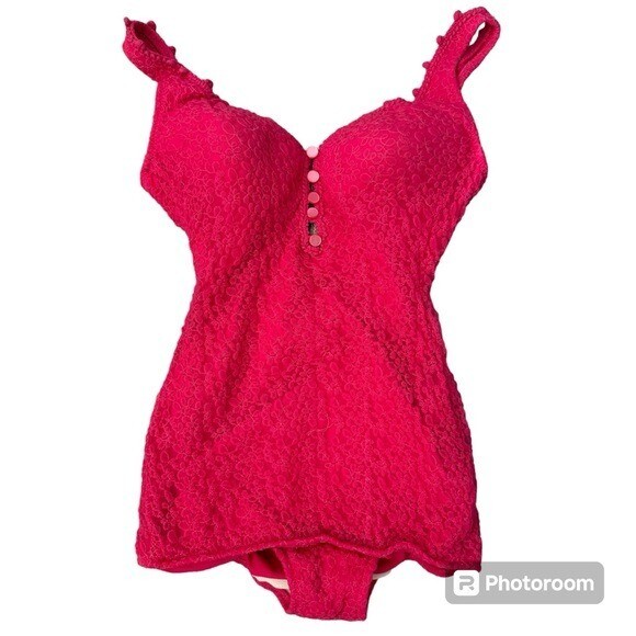 Vintage 50/60s Darlene Ban-Lon Fuchsia Embroidered One-Piece Swimsuit Sz 11-12